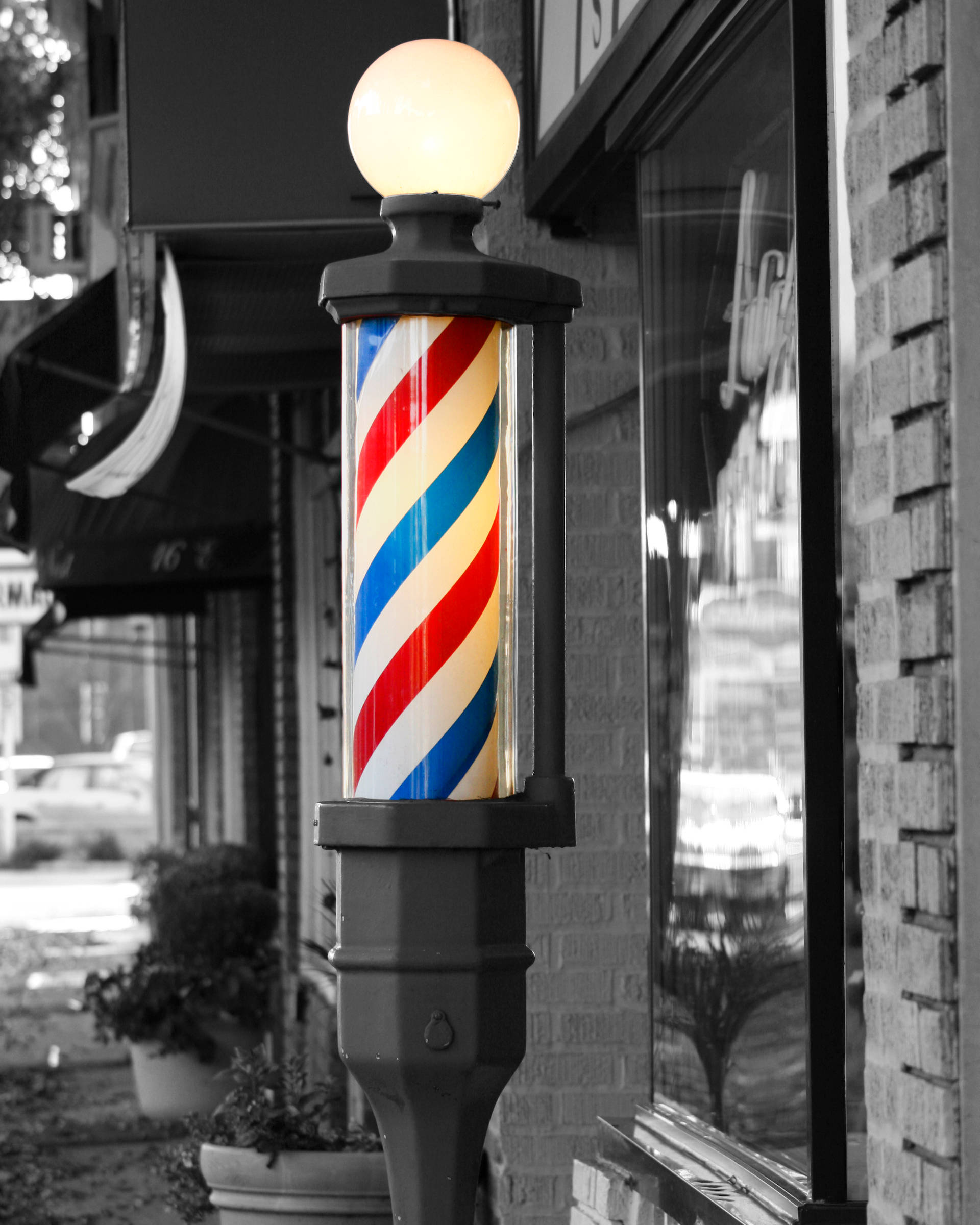colorful barber pole, red white and blue diagonal stripes, black and white urban street scene, Full HD Phone Wallpaper