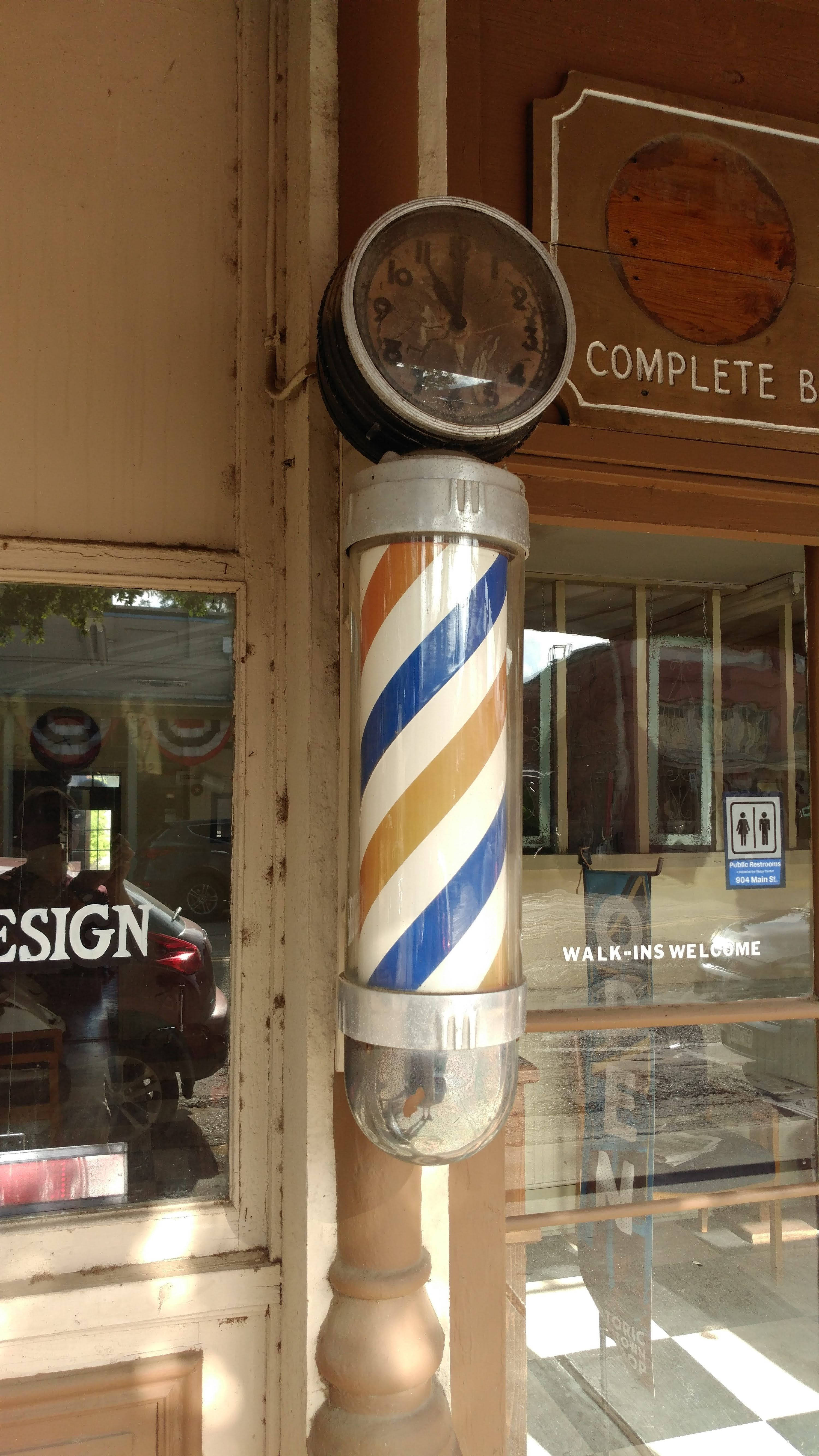 vintage barber pole, blue white and gold stripes, retro barbershop, 5K Phone Wallpaper