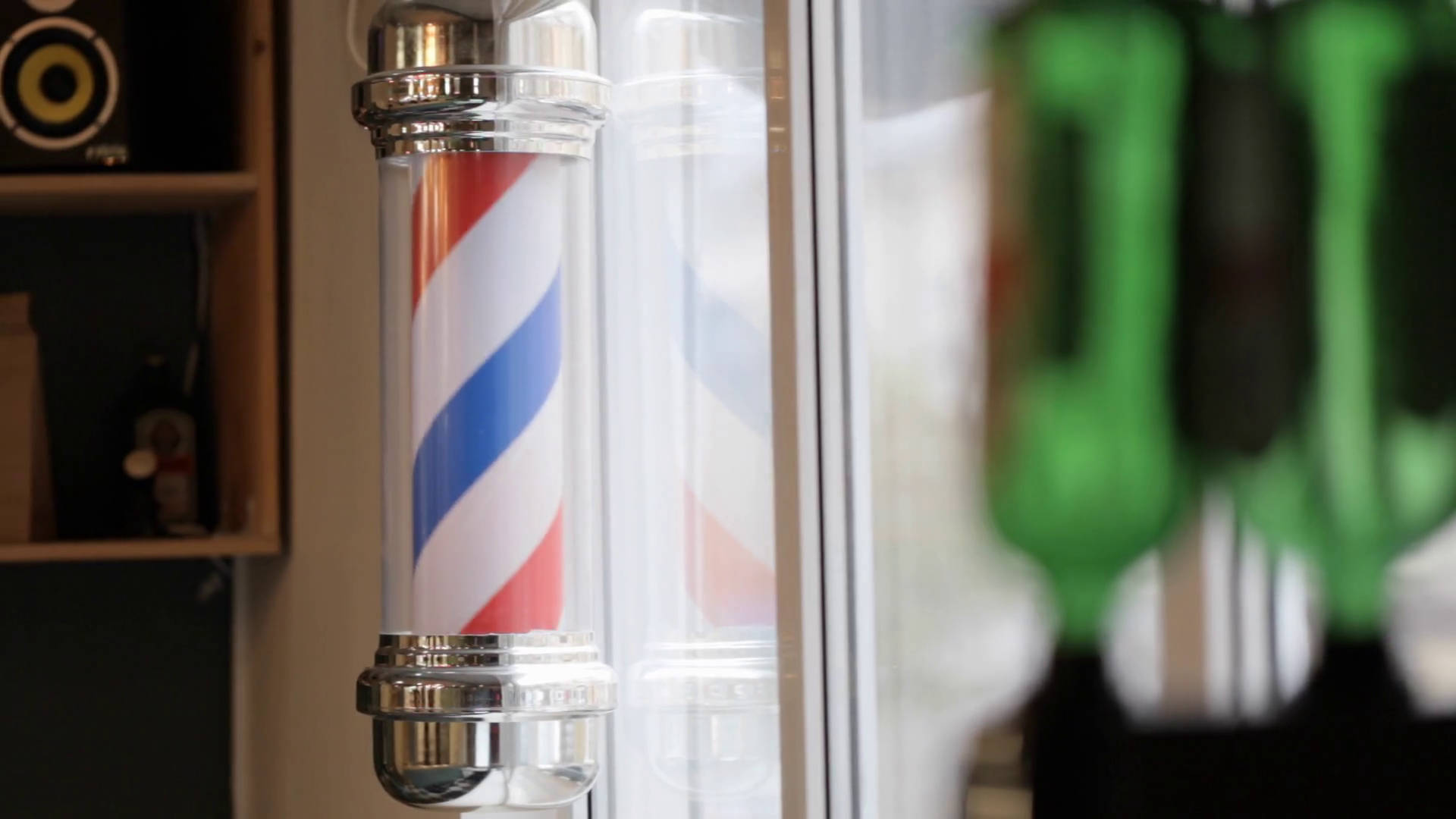 barber pole, red white and blue diagonal stripes, modern barbershop window, Full HD Desktop Wallpaper