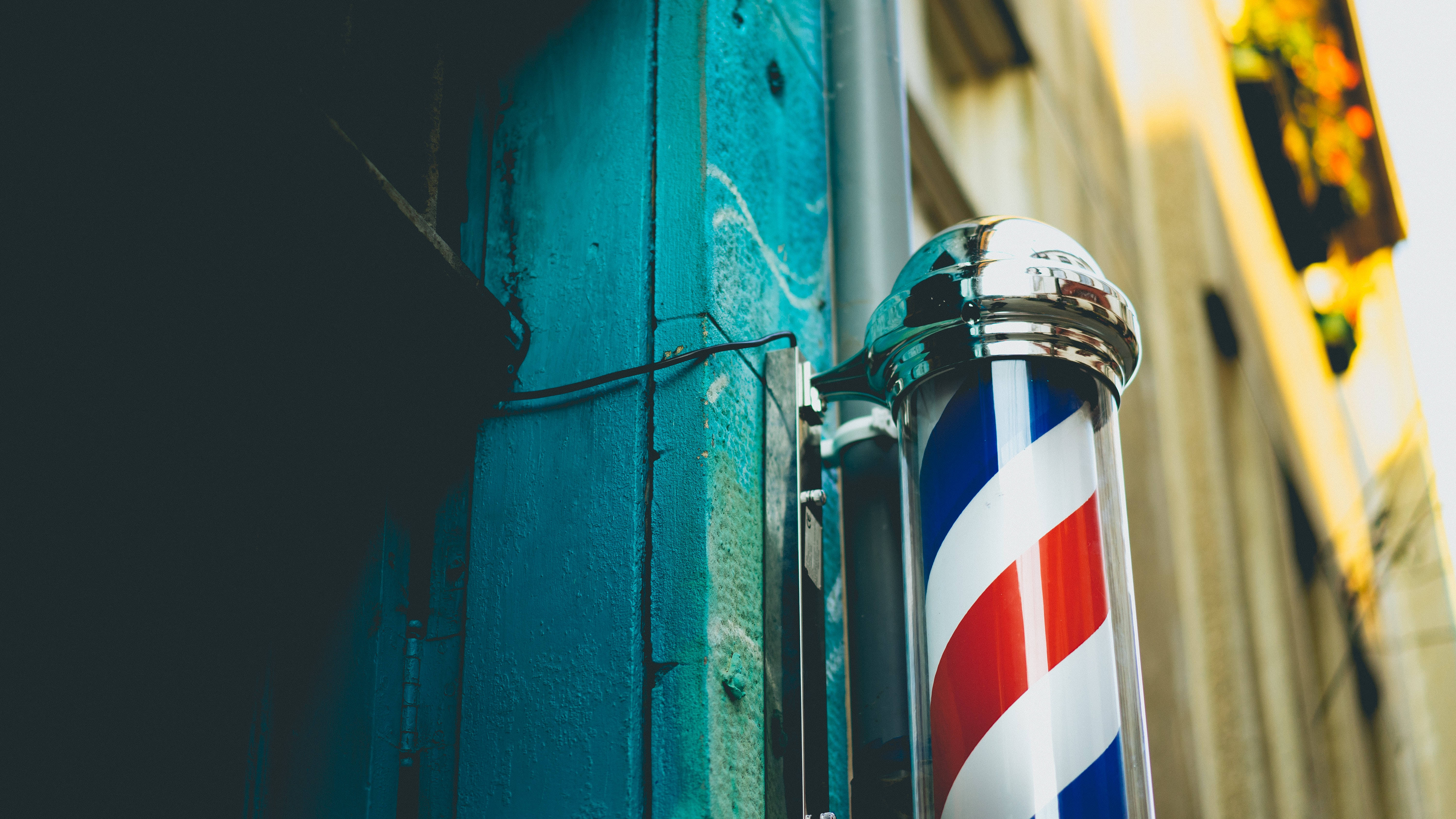 silver barber pole, red white and blue barber pole, weathered teal wall, 5K Desktop Wallpaper