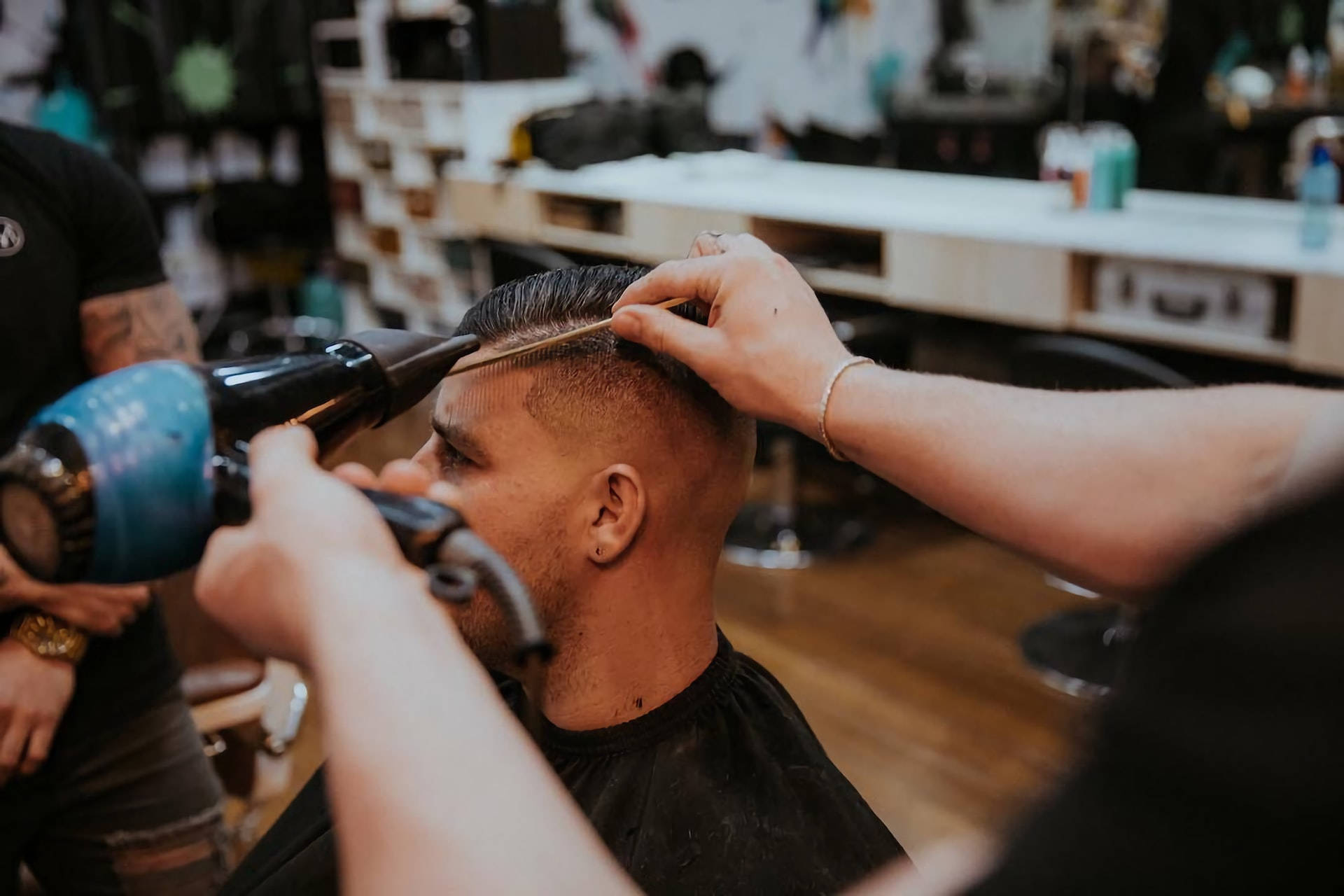 blue hairdryer, fade haircut, modern barbershop, Full HD Desktop Wallpaper