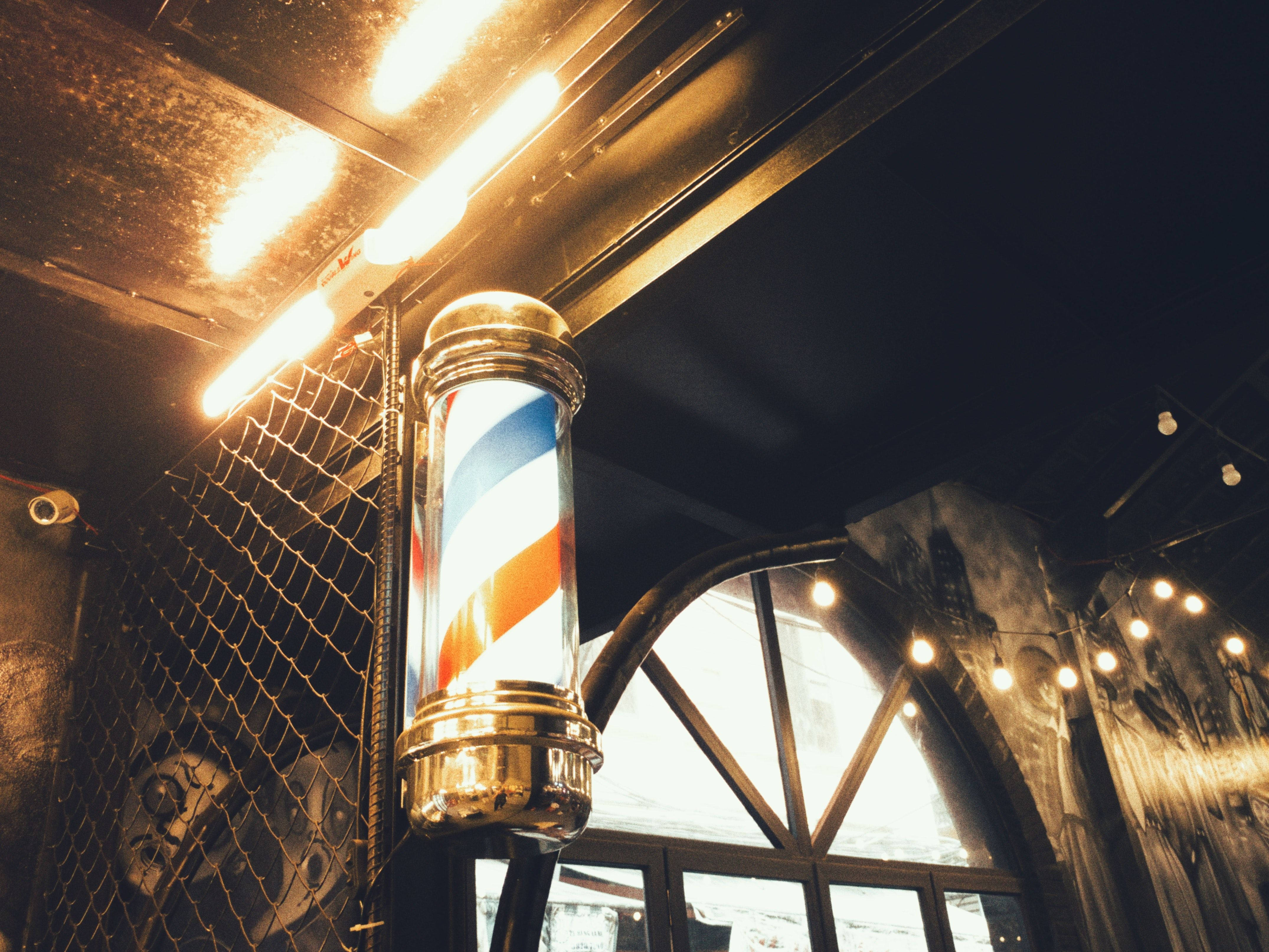 barber pole, yellow lights, rustic barbershop, 4K Desktop Wallpaper