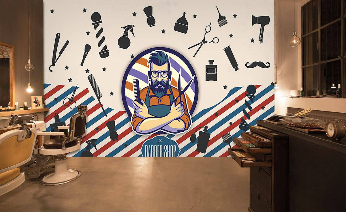 barber pole, barber shop interior, colorful mural, SD Desktop Wallpaper