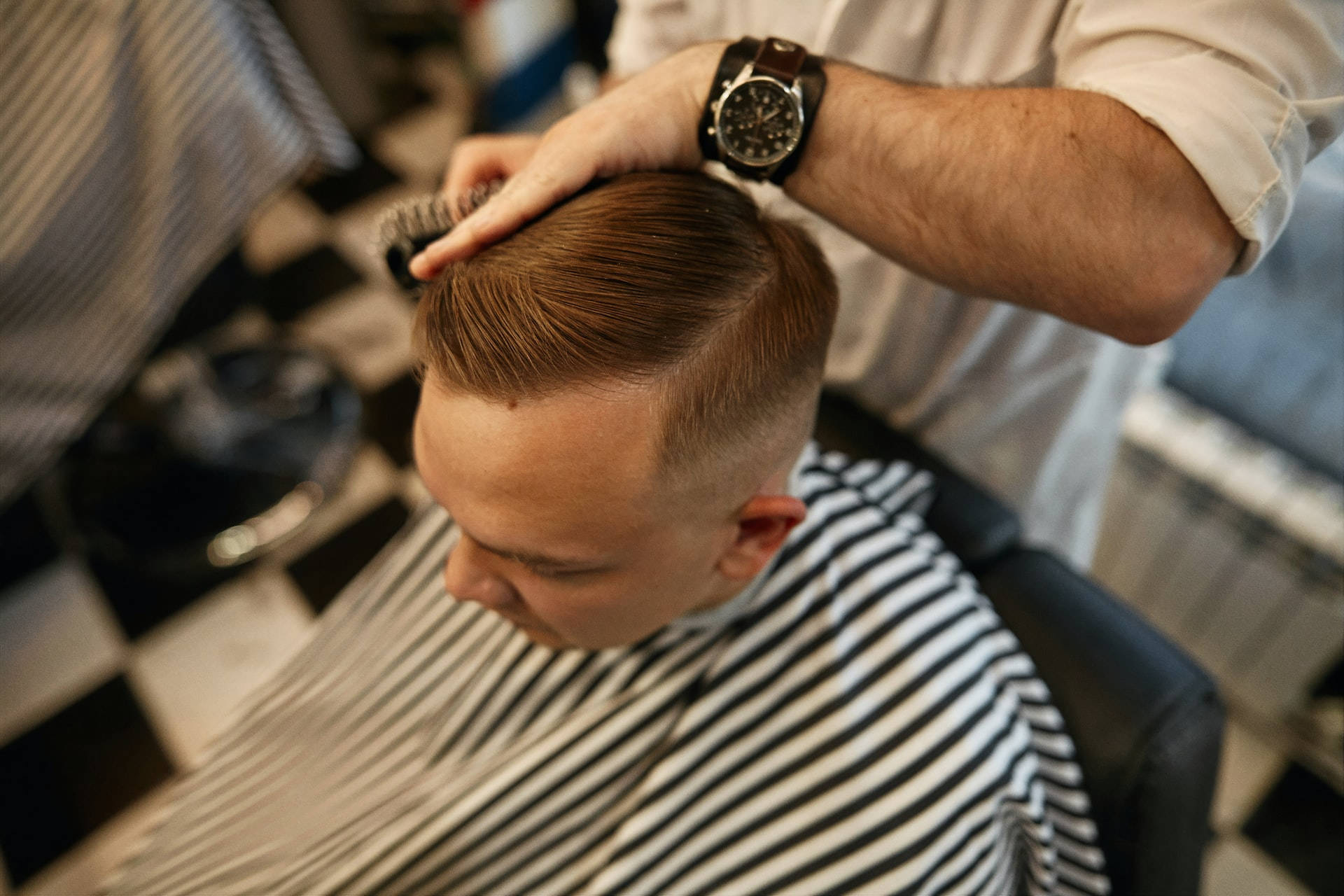 sleek side part, classic barbershop, checkered floor, Full HD Desktop Wallpaper