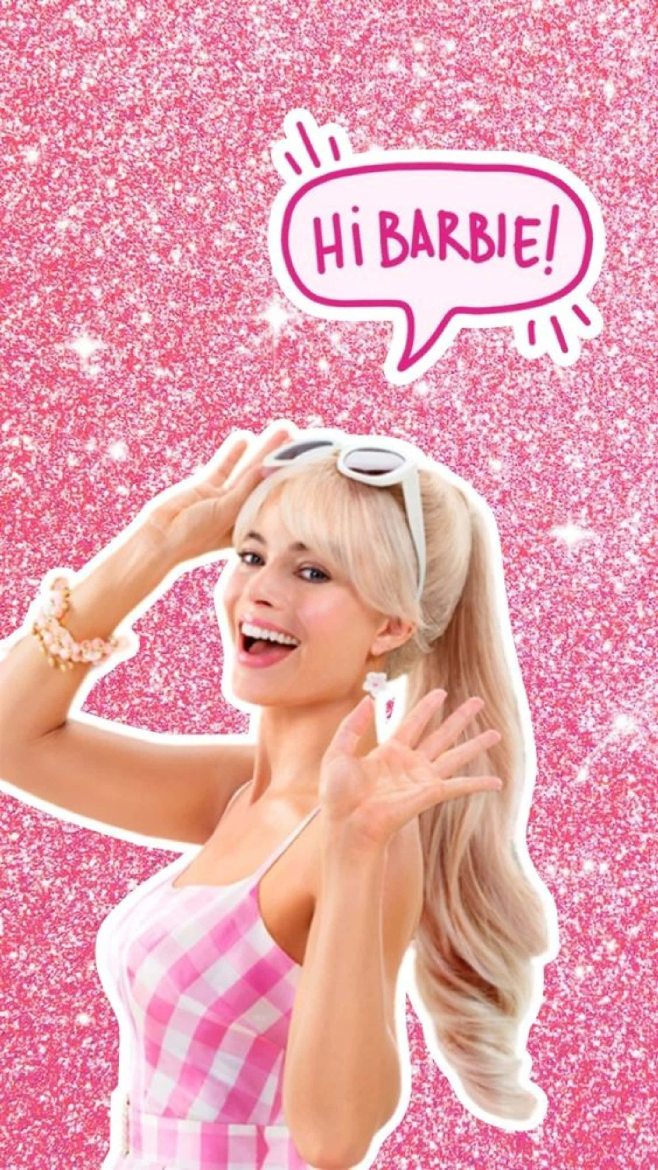 Barbie, pink checkered dress, sparkling pink glitter background, 4K Phone Wallpaper