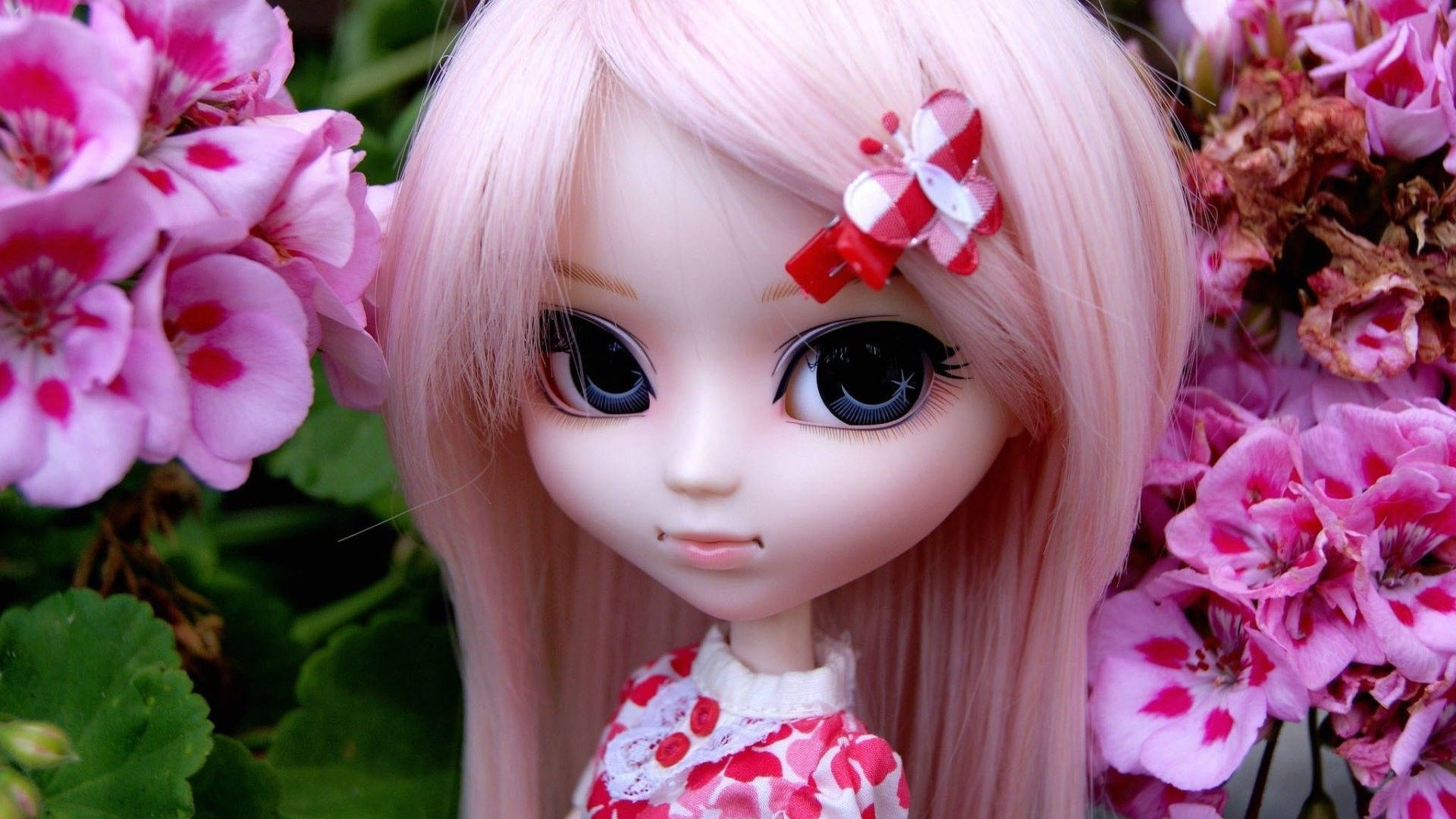 Barbie Doll, pink flowers, pink hair, Full HD Desktop Wallpaper