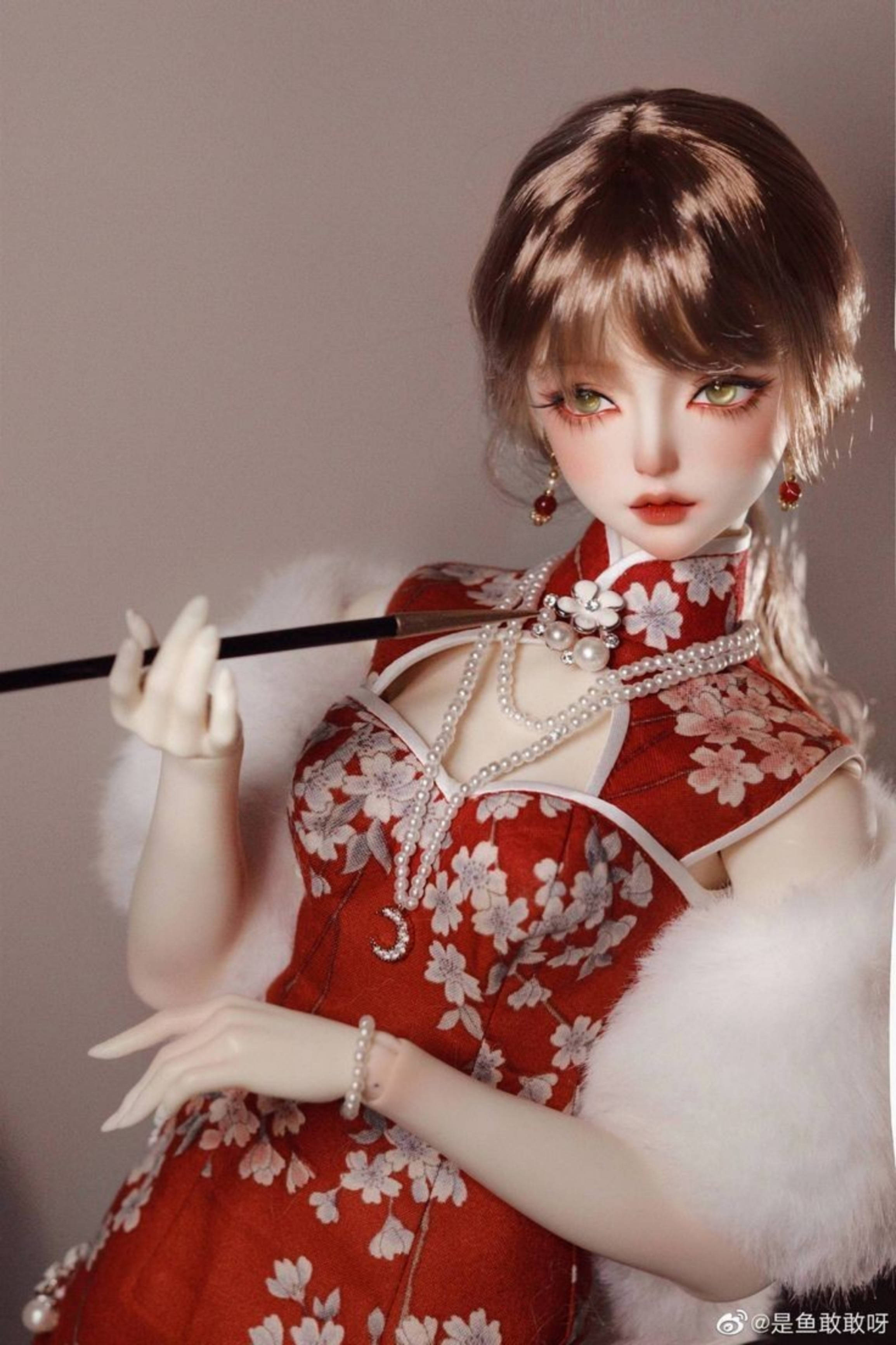 Barbie Doll, cheongsam, red floral cheongsam, 2K Phone Wallpaper