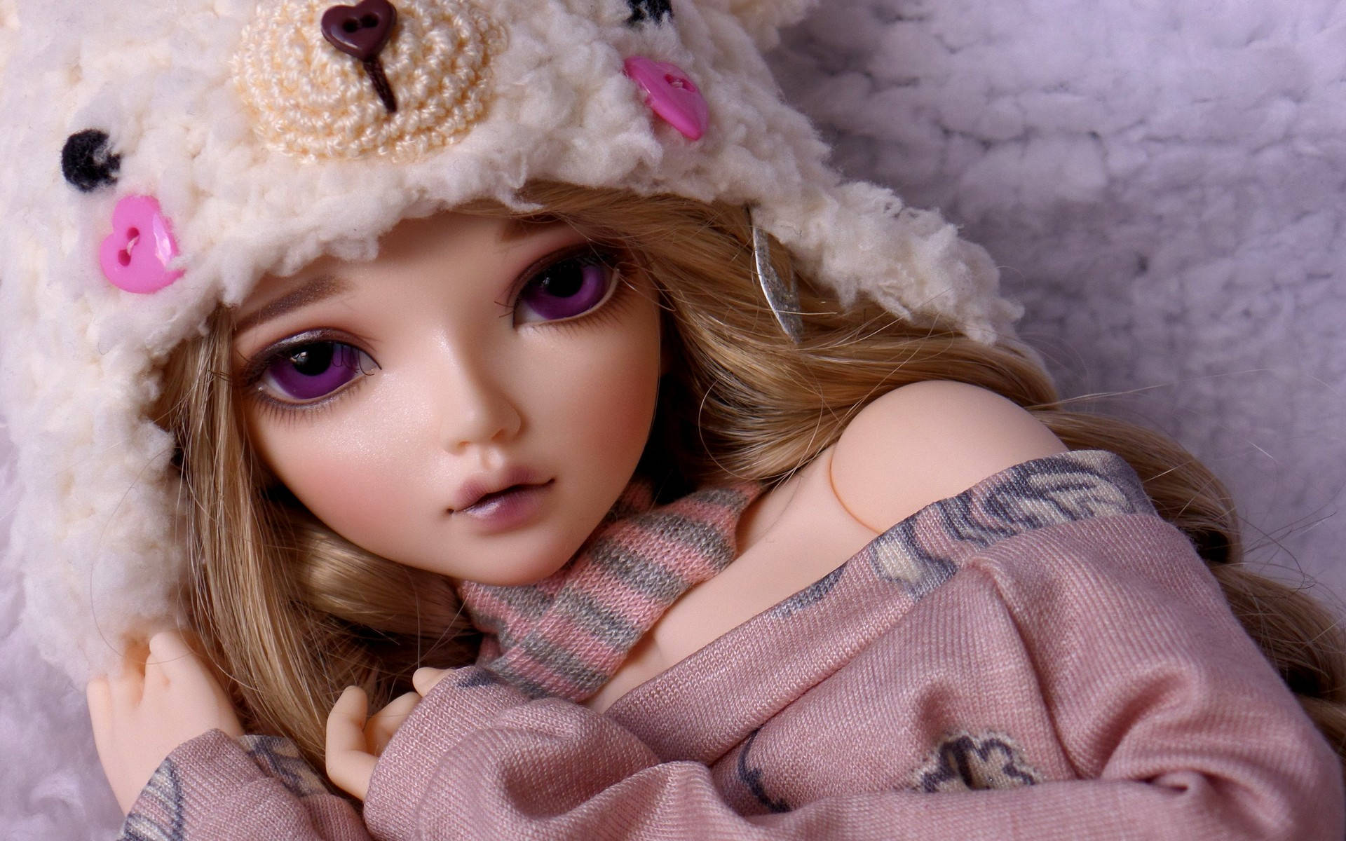 Barbie Doll, purple eyes, fluffy white bear hat, Full HD Desktop Wallpaper