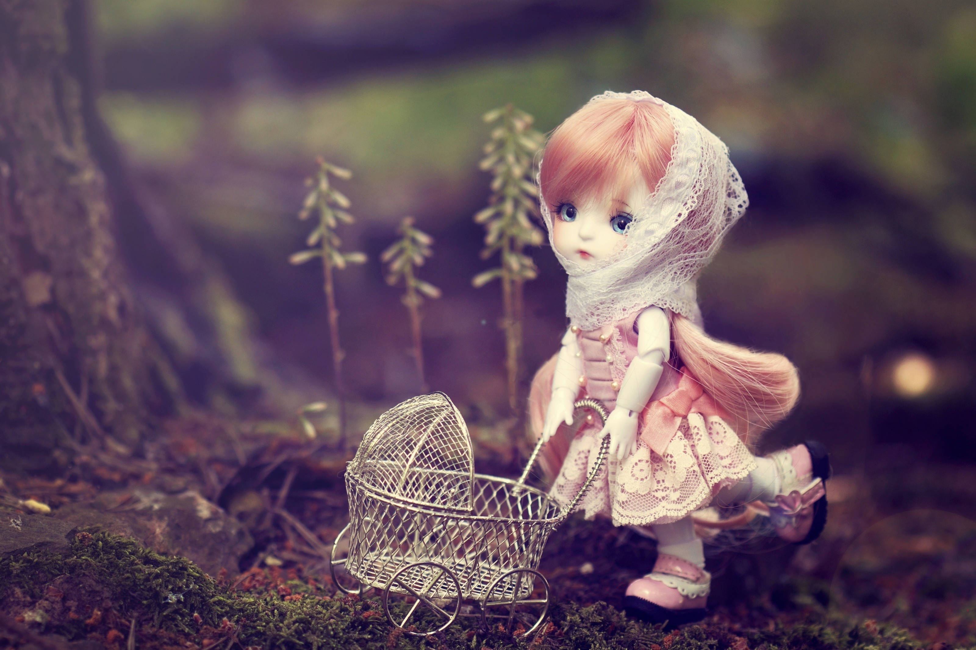 Barbie Doll, pink hair, lace veil, 2K Desktop Wallpaper