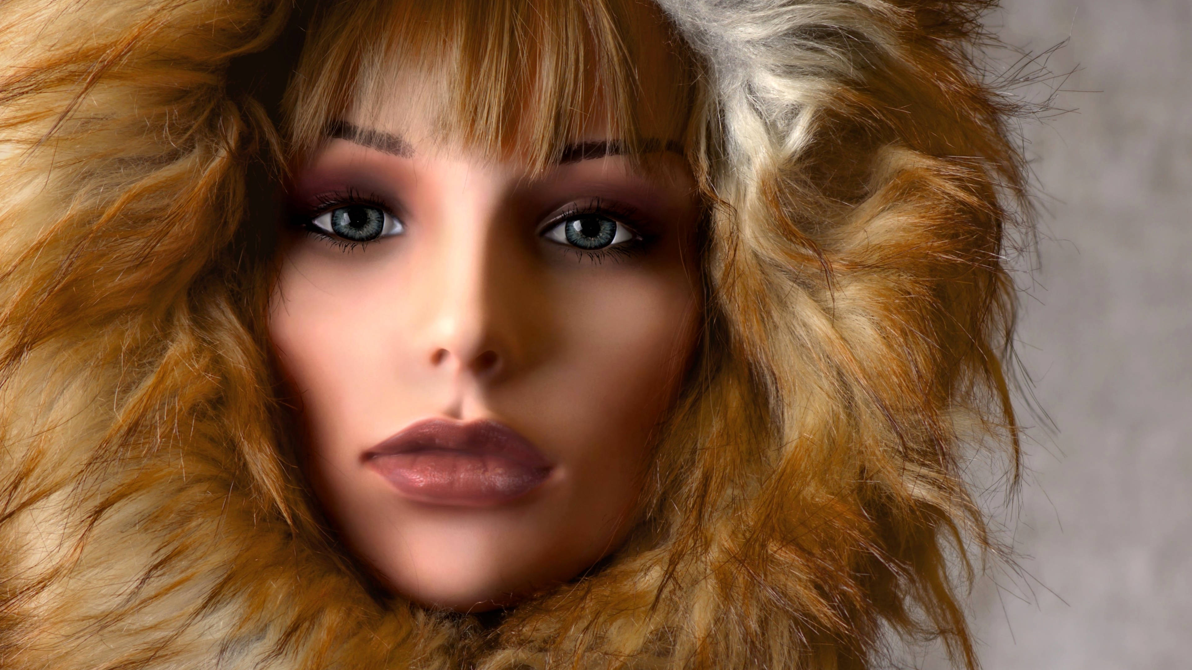 Barbie Doll, fur hood, golden-brown fur, 4K Desktop Wallpaper