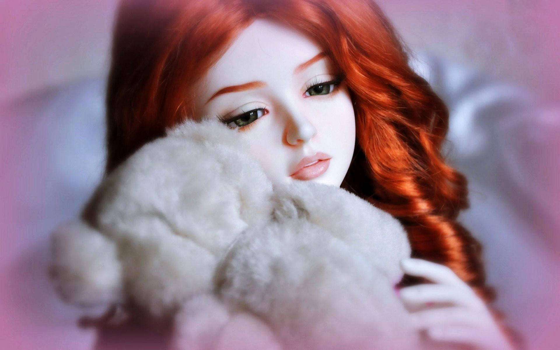 Barbie Doll, curly red hair, fluffy white teddy bear, Full HD Desktop Wallpaper