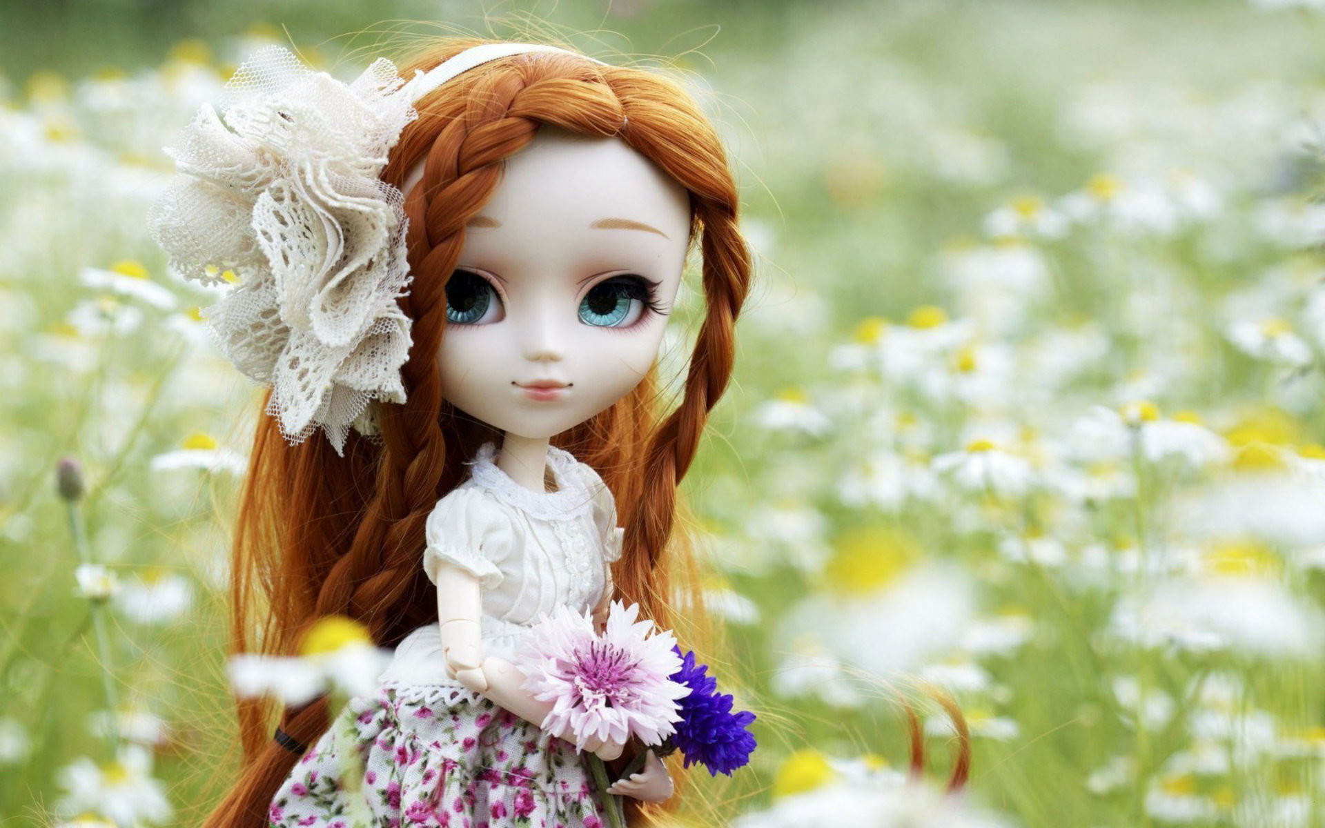 Barbie Doll, daisy field, braided red hair, Full HD Desktop Wallpaper