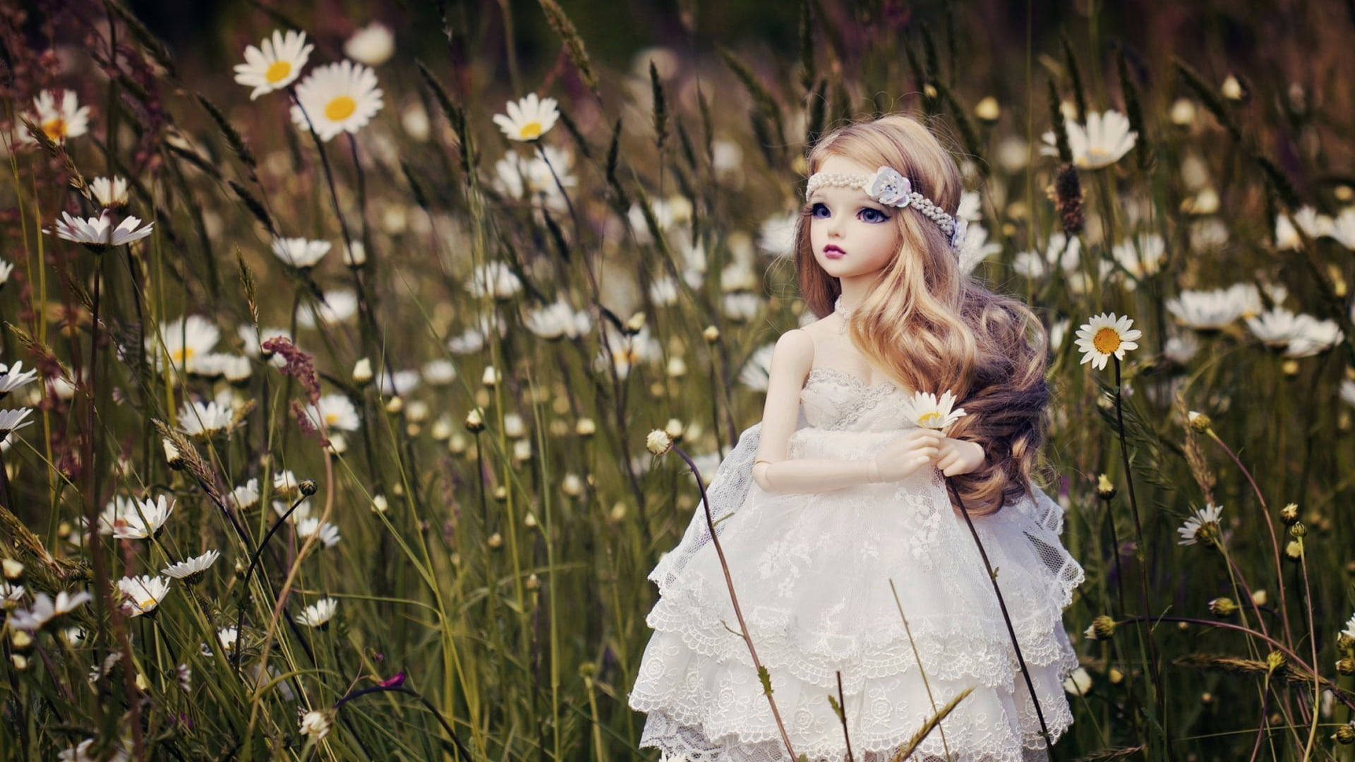 Barbie Doll, long blonde hair, white lace dress, Full HD Desktop Wallpaper