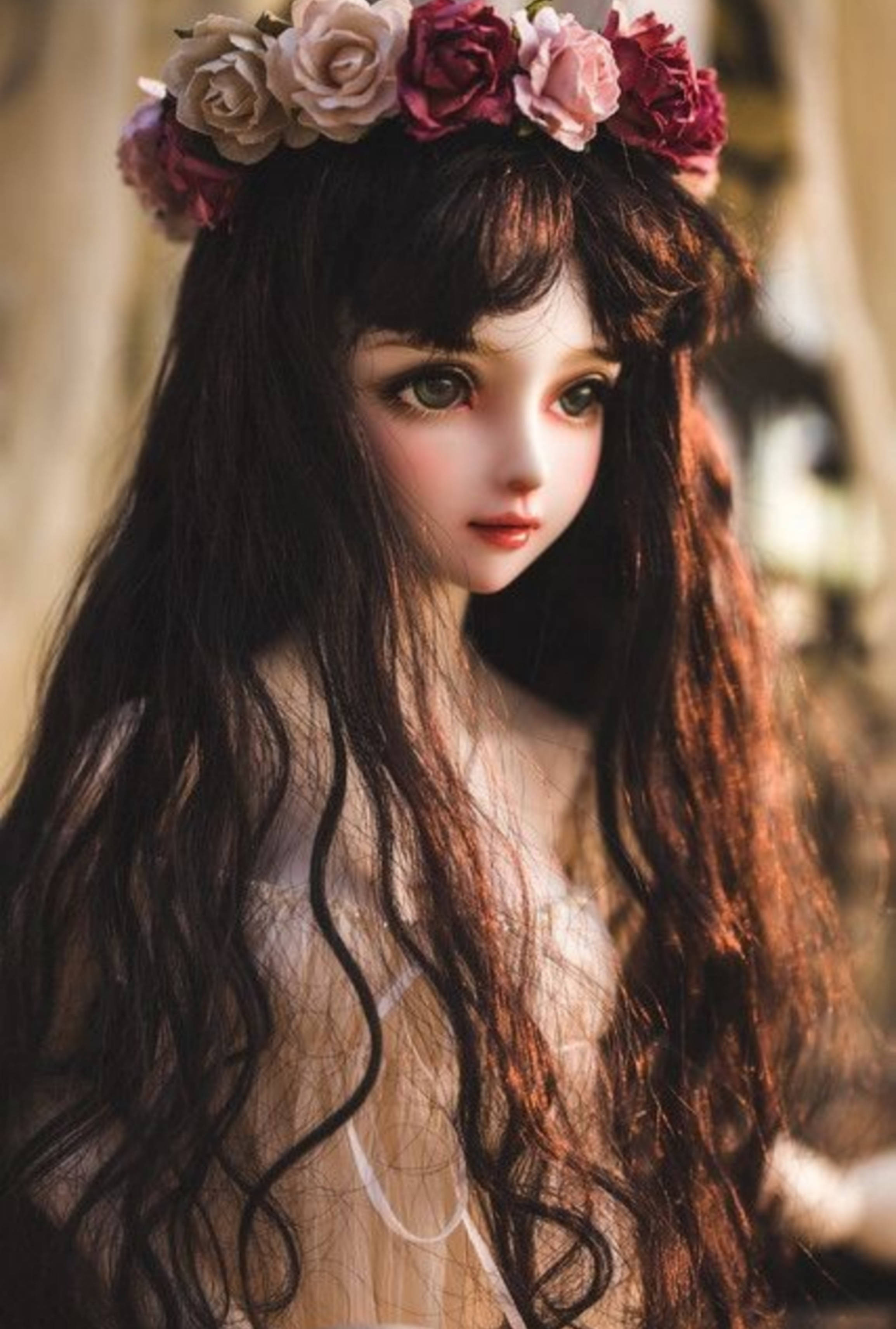 Barbie Doll, rose wreath, long dark hair, 2K Phone Wallpaper