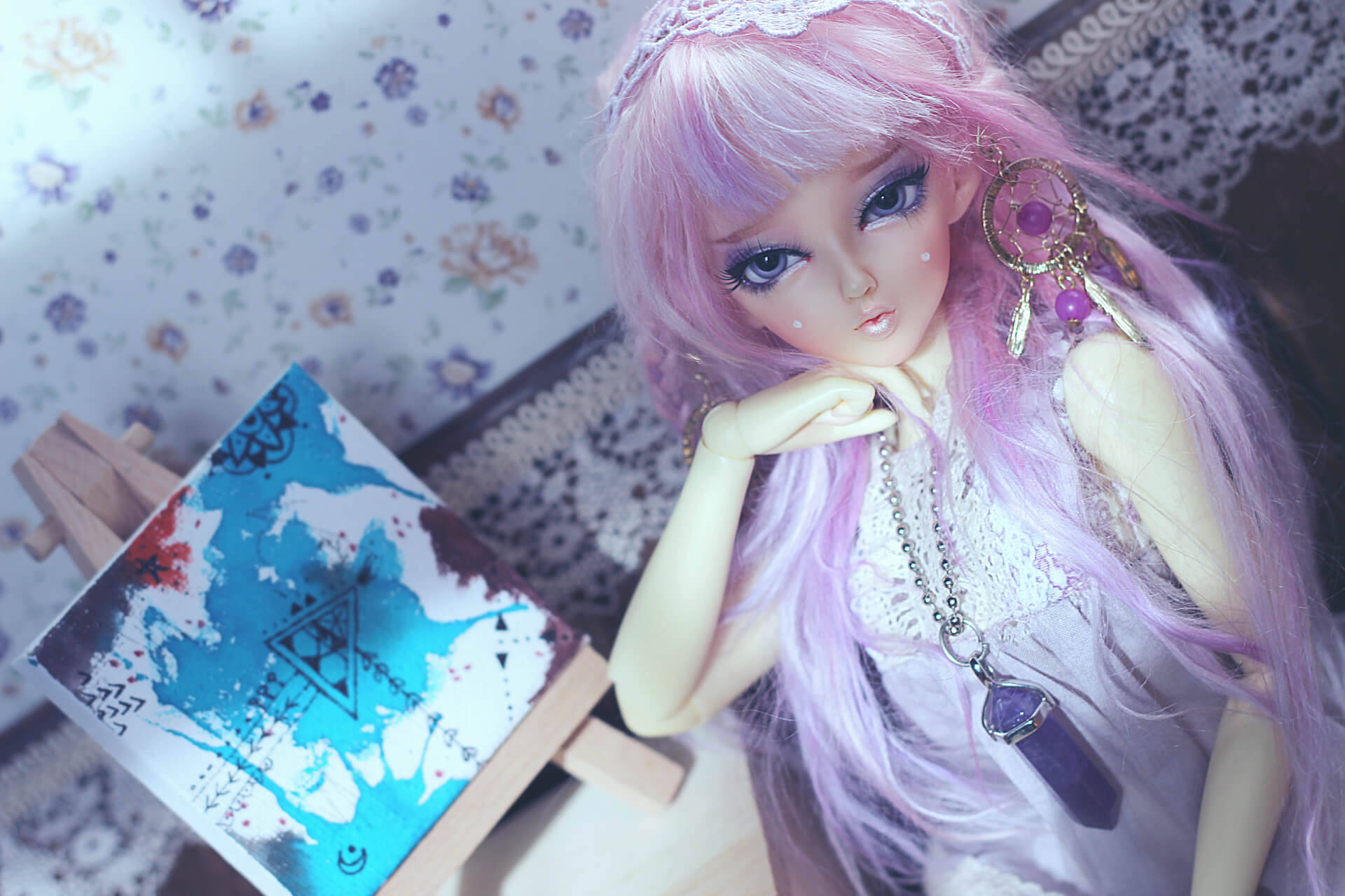 Barbie Doll, lavender hair, dreamcatcher earrings, Full HD Desktop Wallpaper