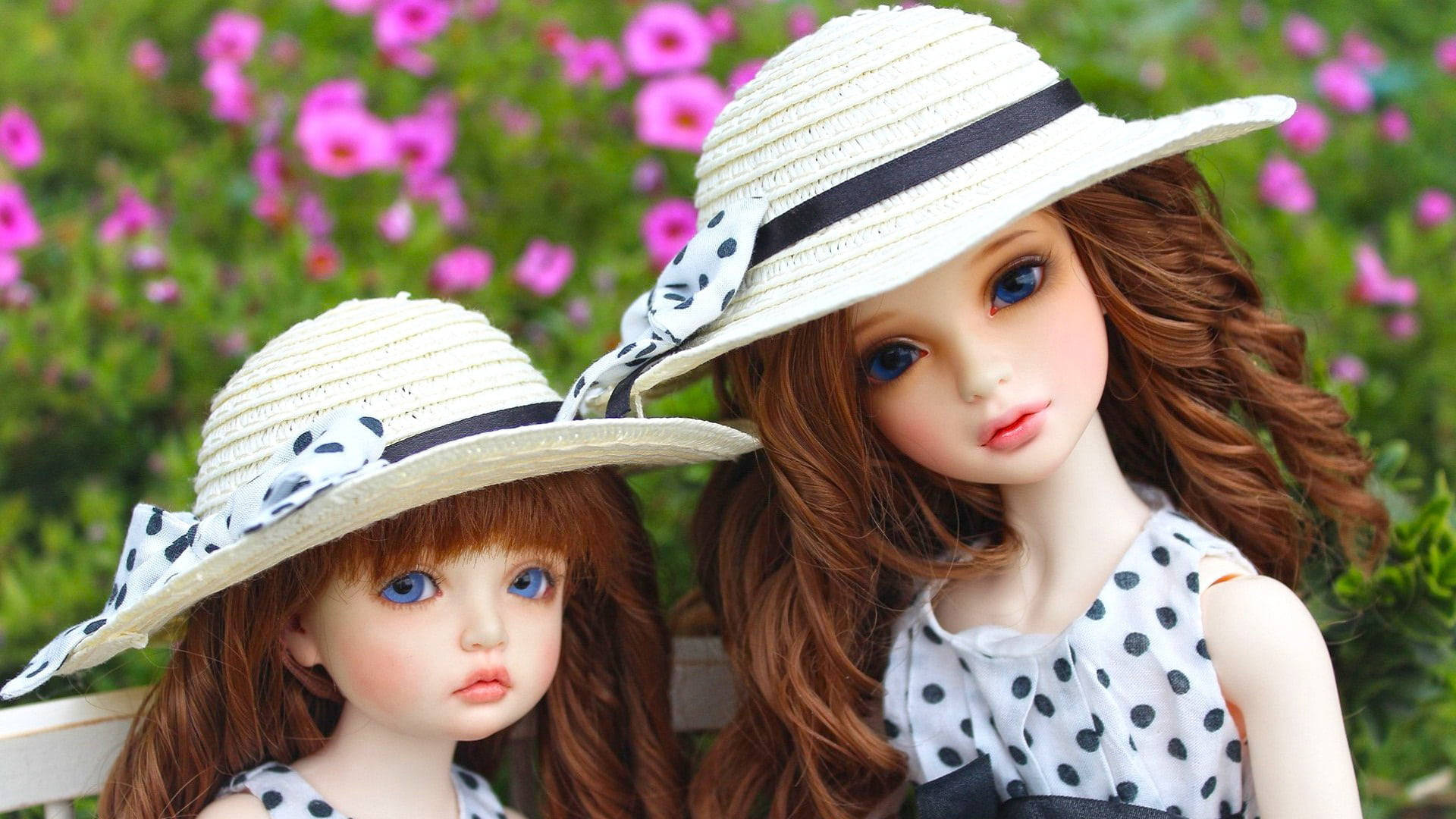 Barbie Doll, white straw hats, black polka dot bows, Full HD Desktop Wallpaper