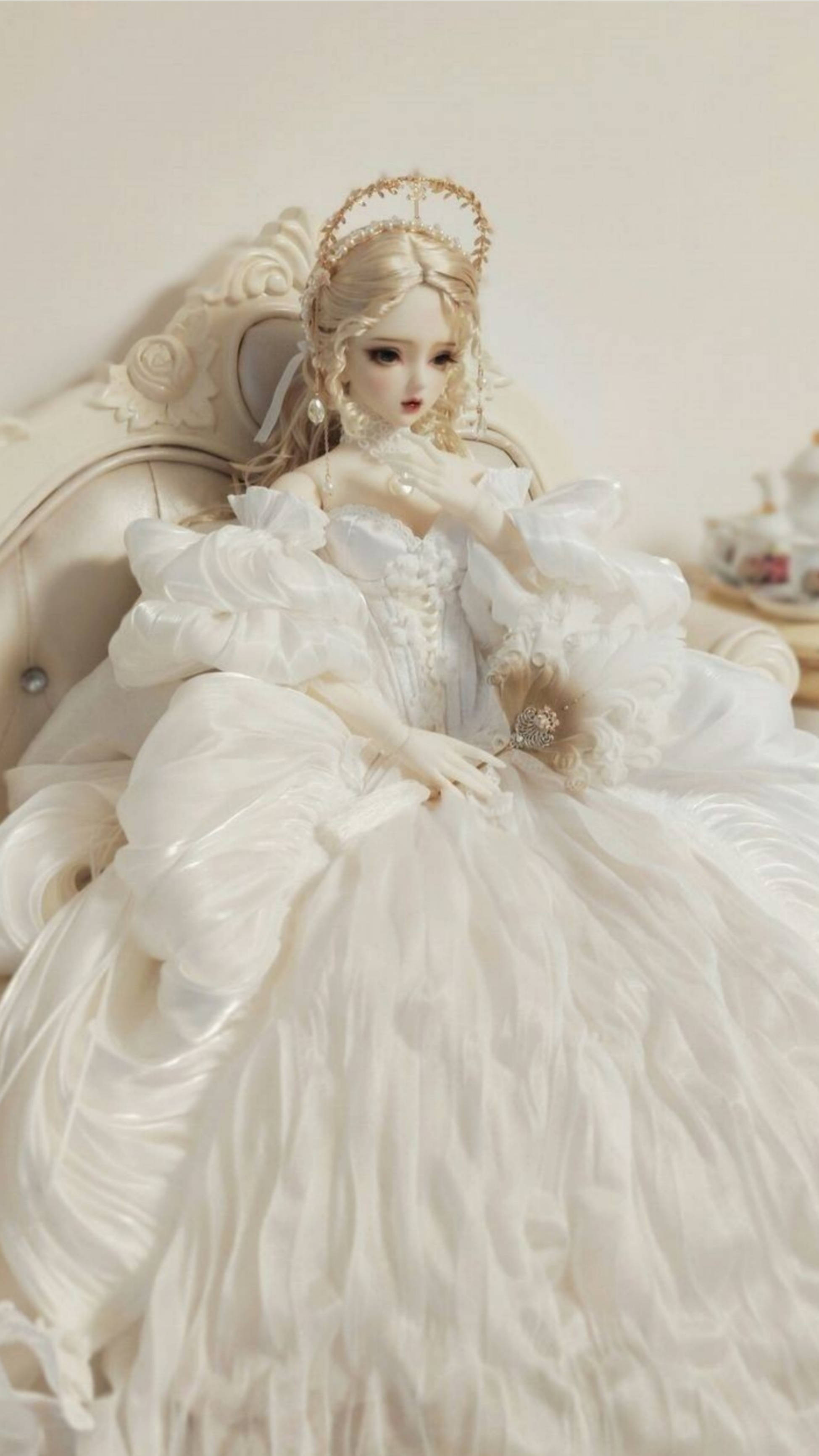 Barbie Doll, white princess ball gown, porcelain doll, 2K Phone Wallpaper