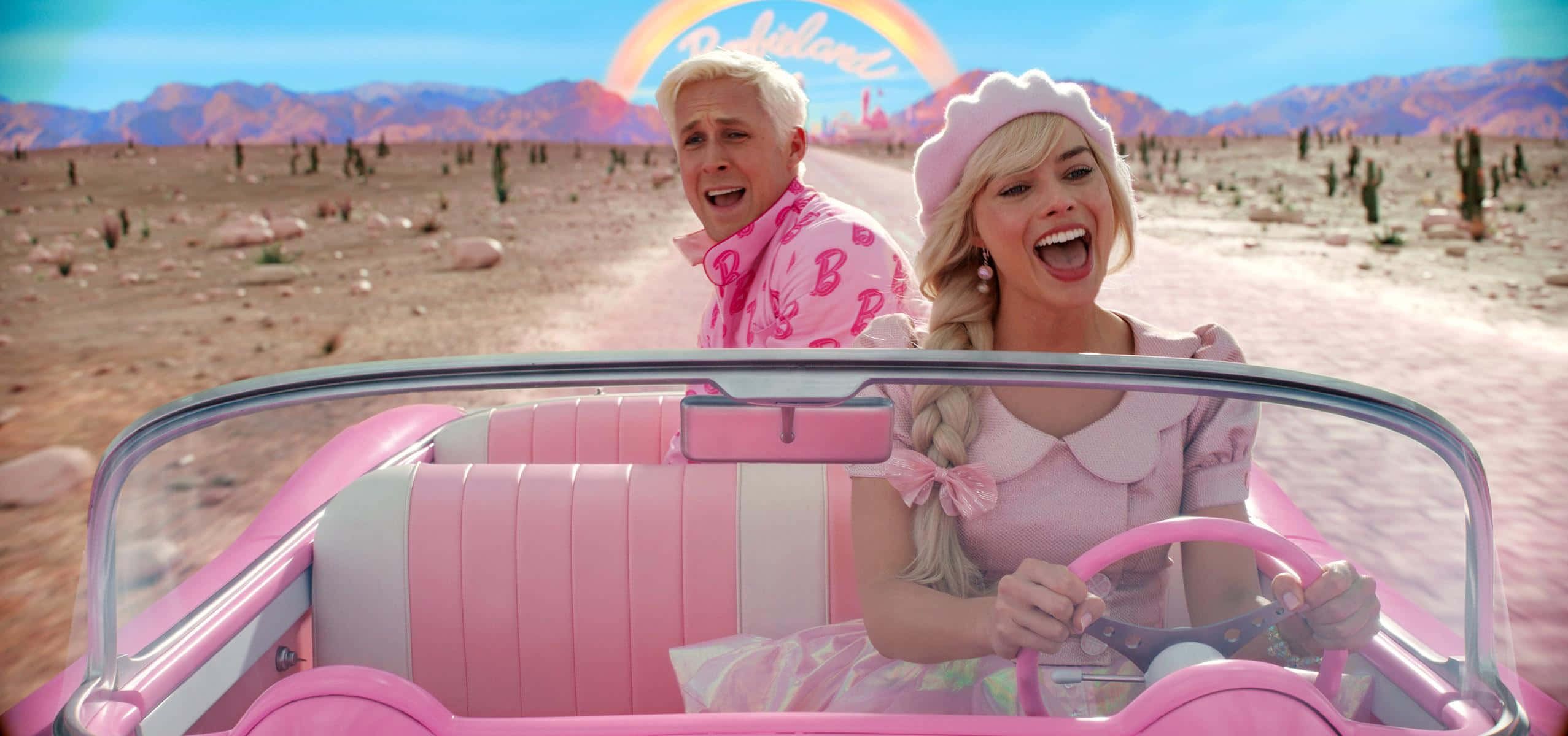 Barbie Movie, desert drive scene, pink convertible, Full HD Desktop Wallpaper