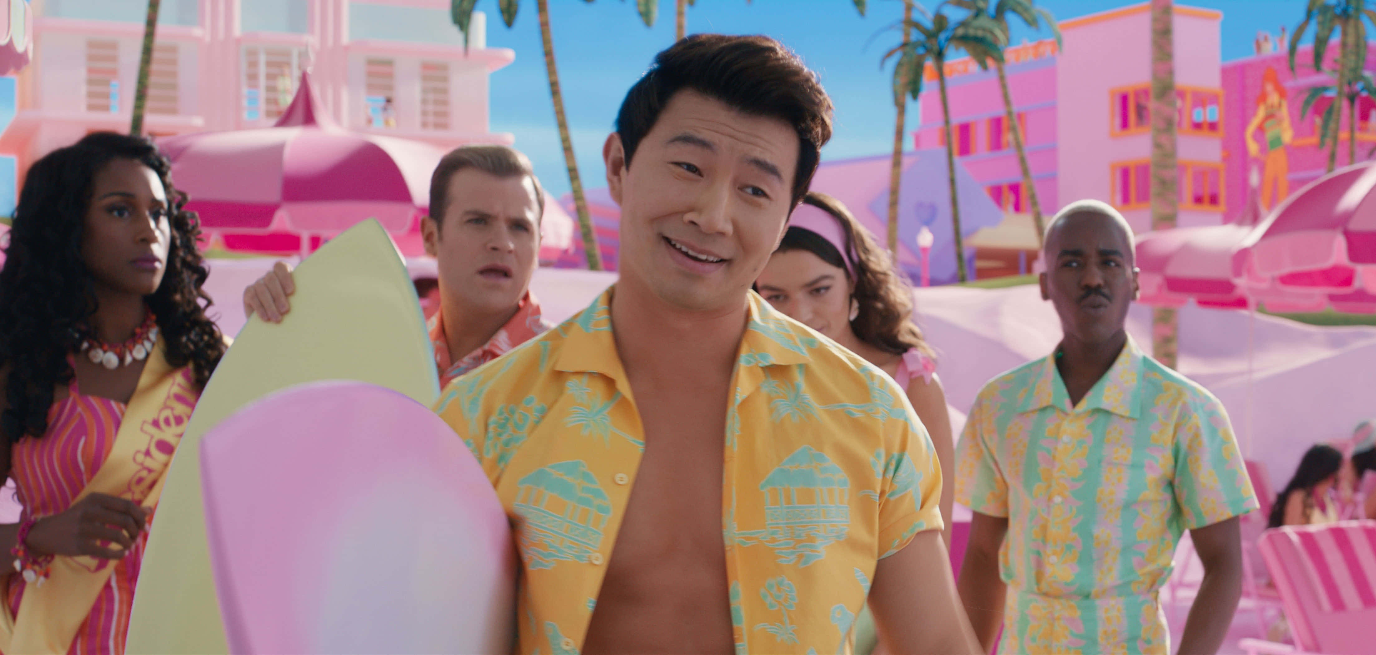 Barbie Movie, pink surfboard, vibrant pink beach town, 4K Desktop Wallpaper