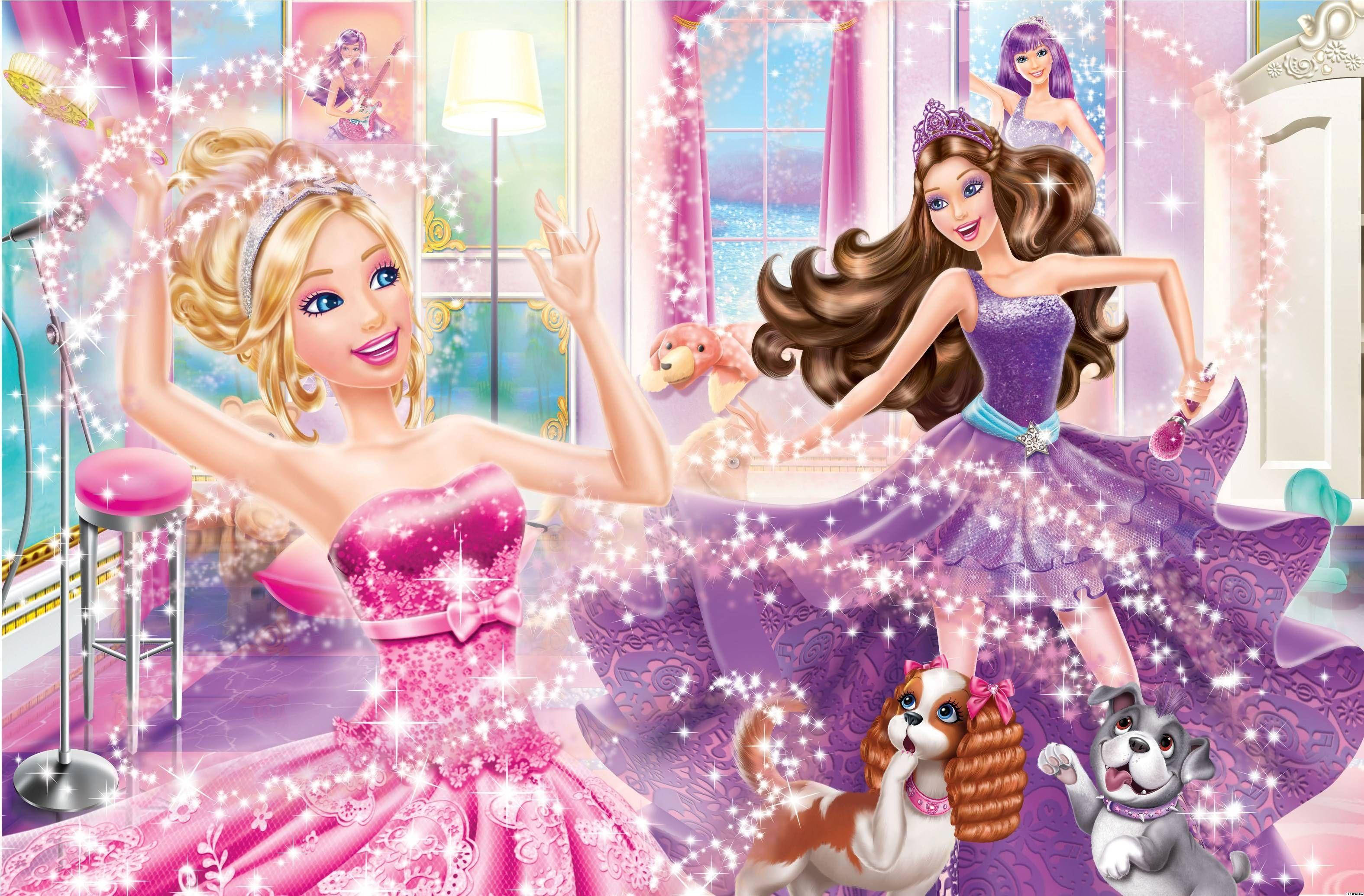 Barbie Princess, sparkling pink and purple gowns, glittering magical bedroom, 2K Desktop Wallpaper