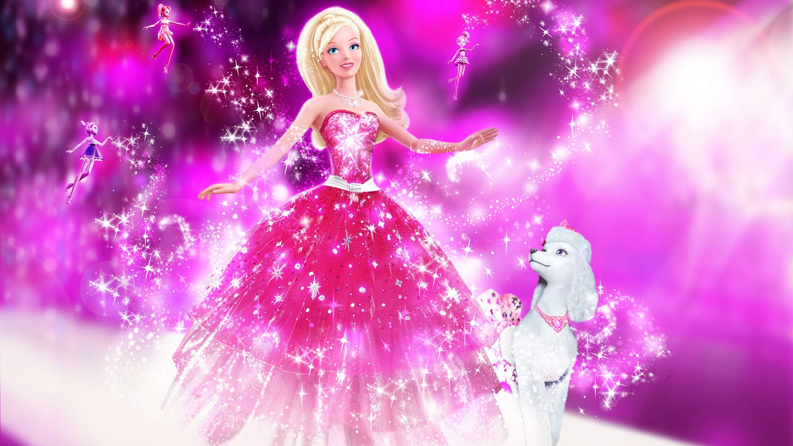 Barbie, pink gown, white dog, HD Desktop Wallpaper