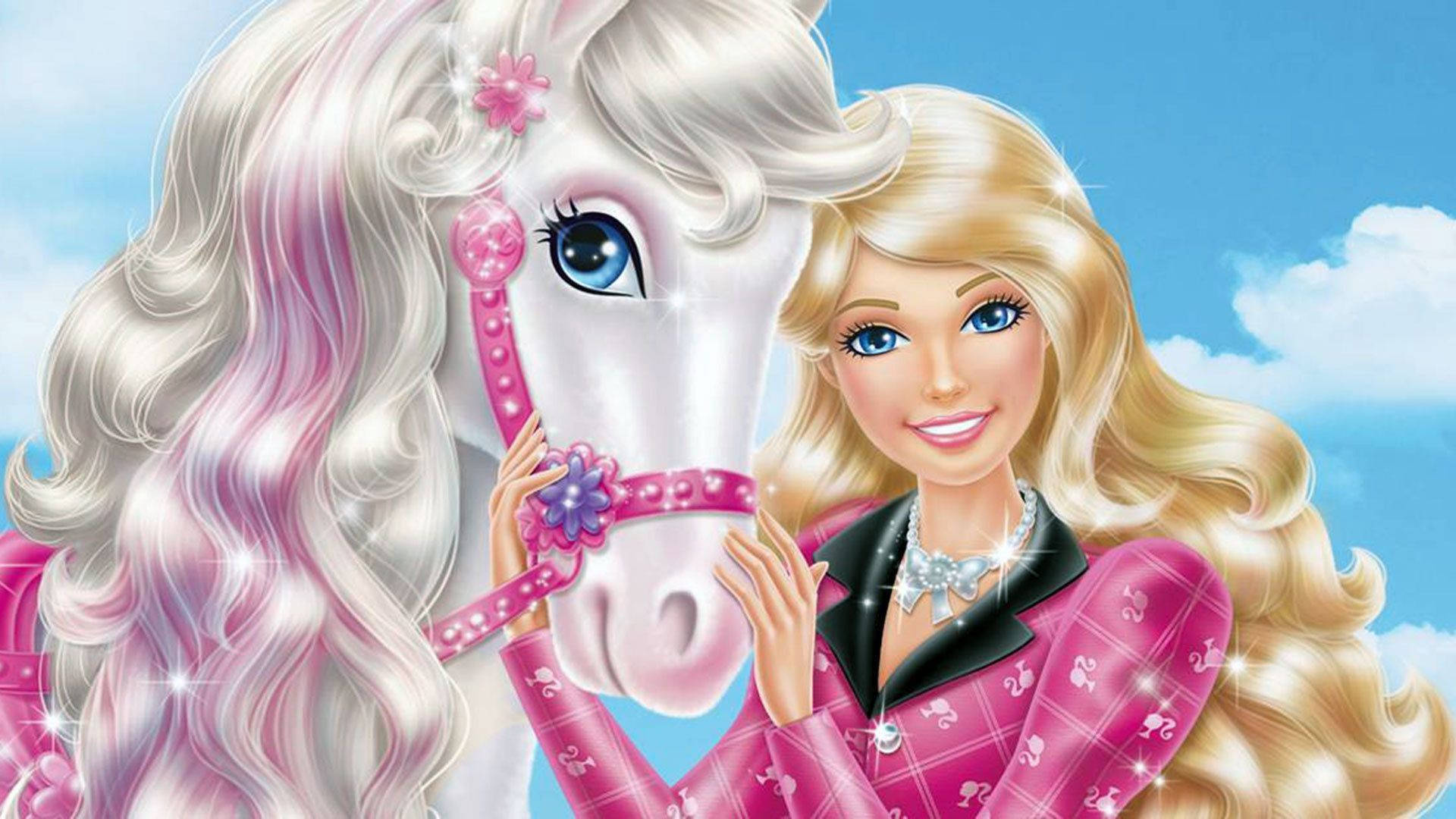 Barbie, white horse, pink floral bridle, Full HD Desktop Wallpaper