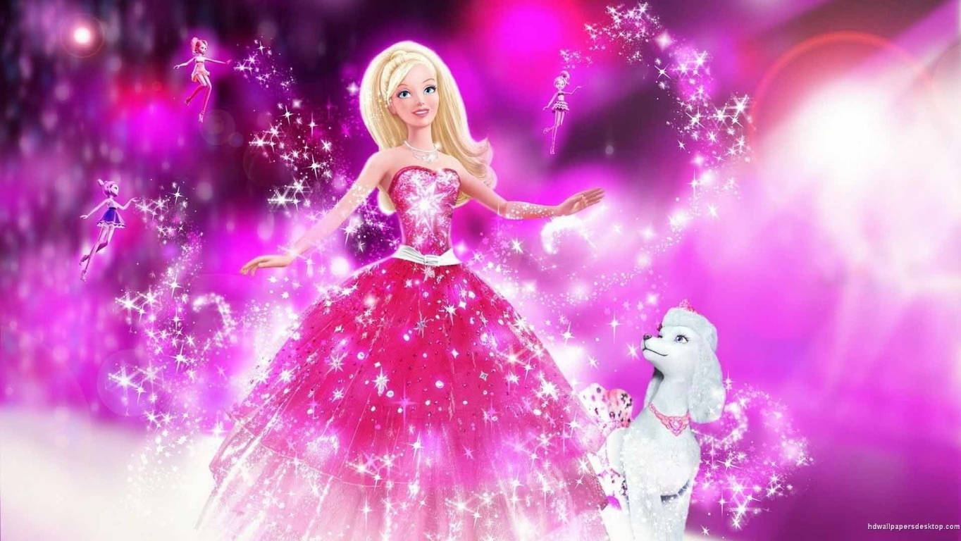 Barbie, pink gown, white dog, HD Desktop Wallpaper