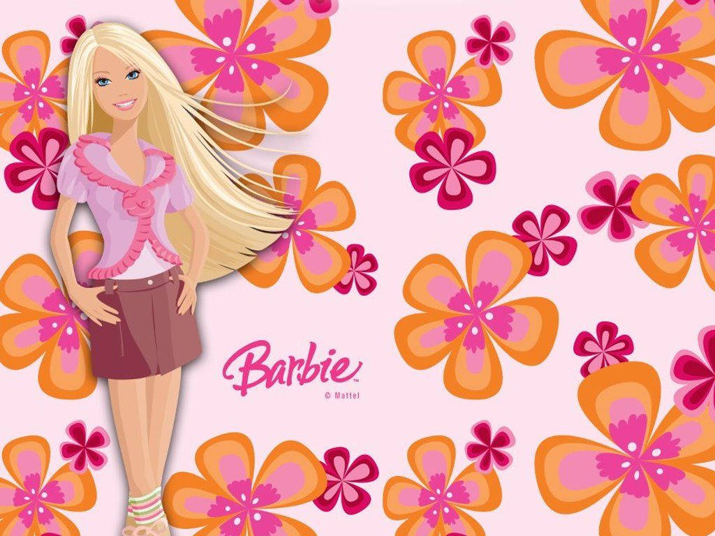 Barbie, pink floral patterned background, vibrant orange flowers, SD Desktop Wallpaper
