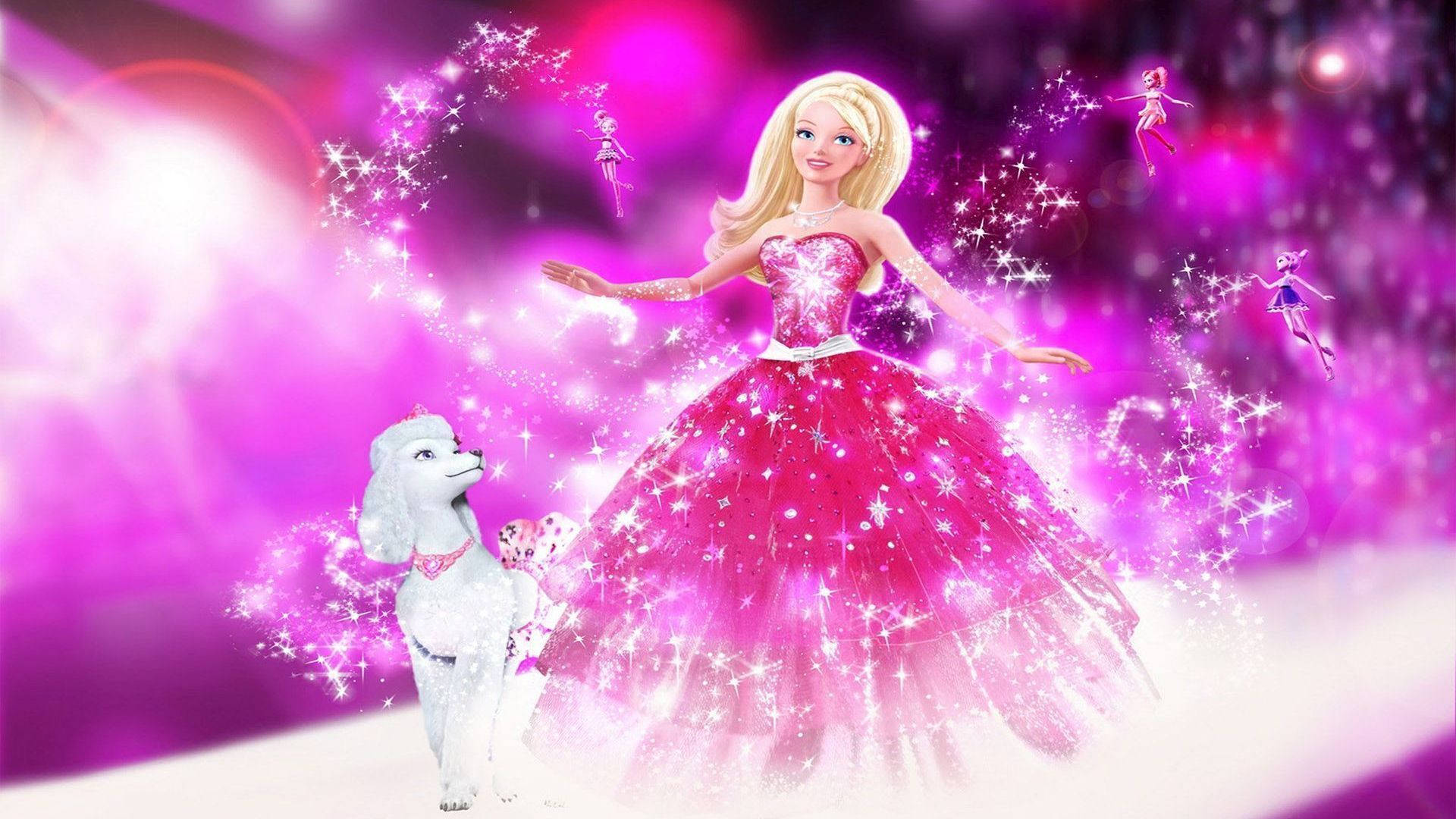 Barbie, sparkling pink gown, white poodle, Full HD Desktop Wallpaper