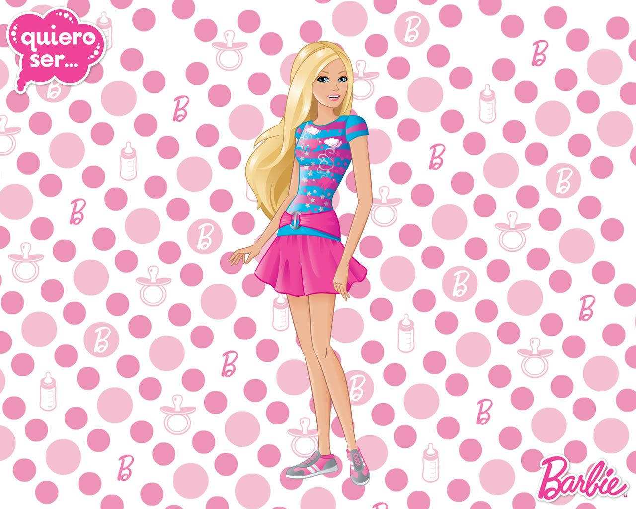 Barbie, pink and blue outfit, pink polka dot background, HD Desktop Wallpaper