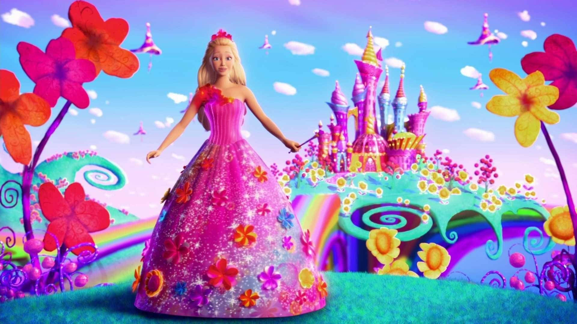 Barbie, glittering pink floral gown, candy-colored castle, Full HD Desktop Wallpaper