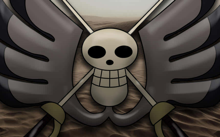 Baroque Works 900 x 563, cartoon skull with wings and crossed swords, desert landscape, SD Desktop Wallpaper