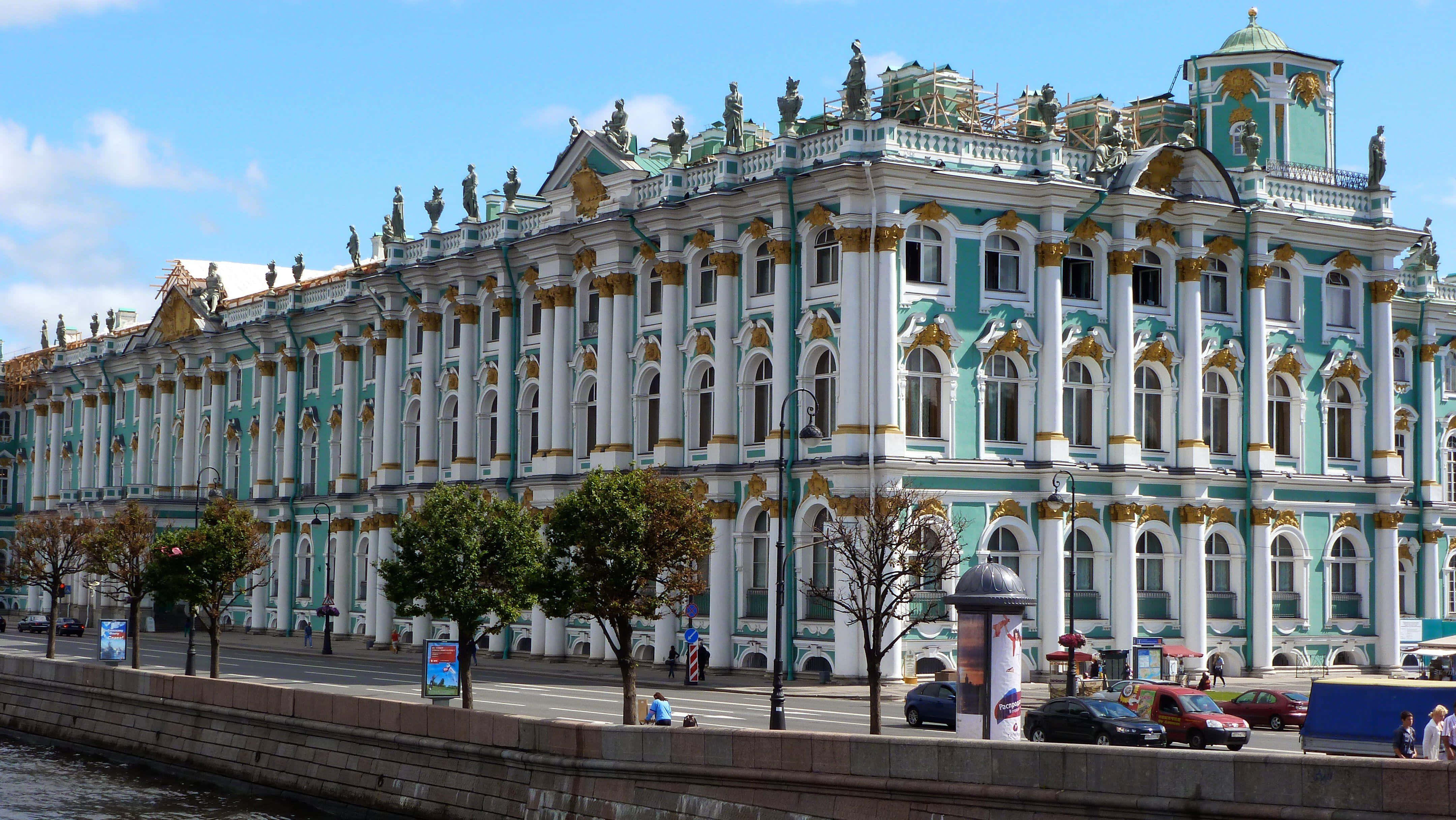 baroque style palace facade, turquoise and gold accents, river, 4K Desktop Wallpaper