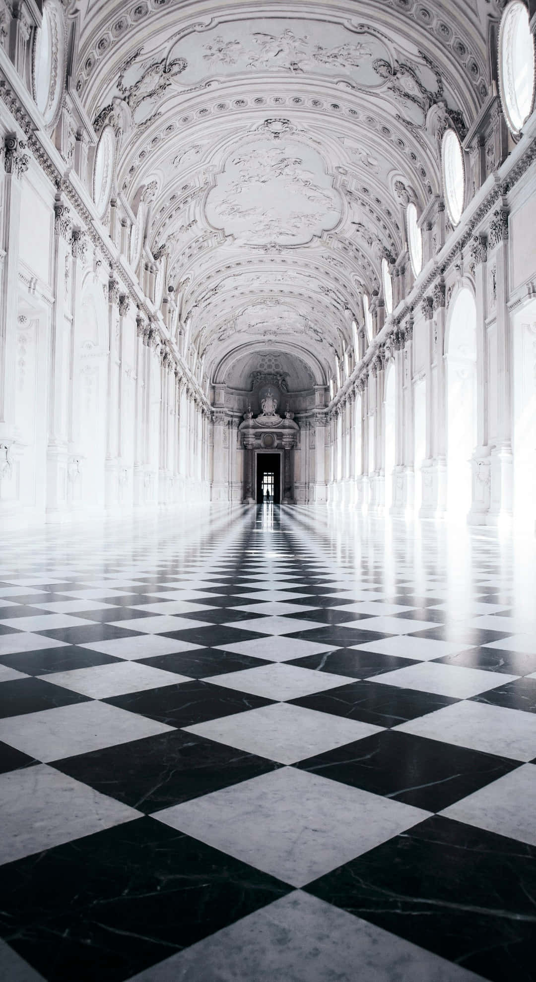 Baroque corridor, ornate ceiling, black and white marble floor, Full HD Phone Wallpaper
