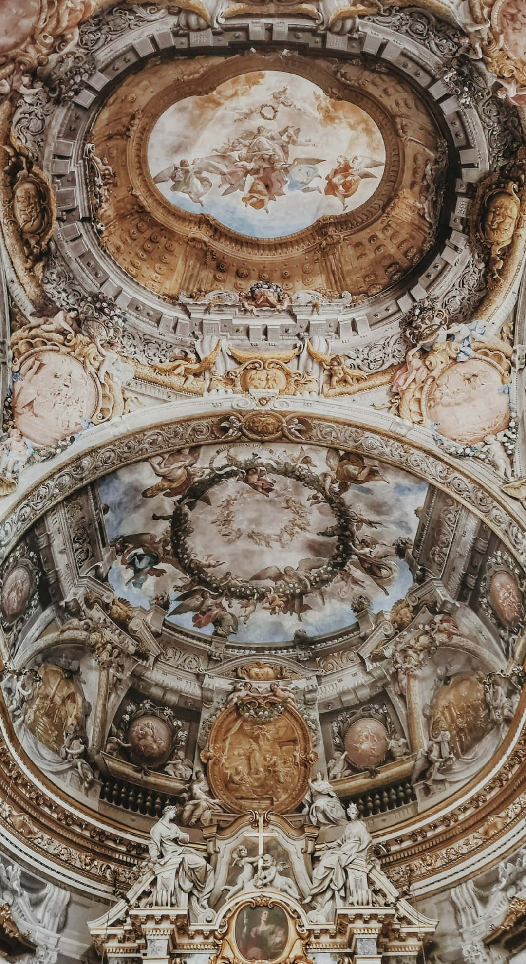 baroque ceiling fresco, gilded stucco sculptures, angels, Full HD Phone Wallpaper