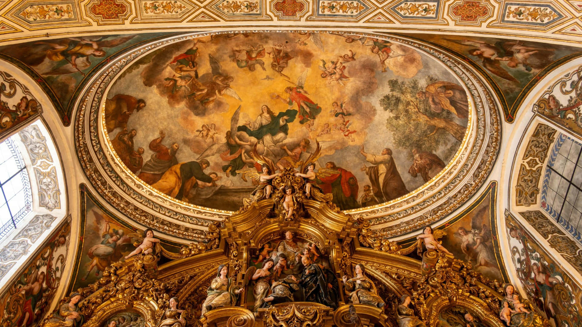 Baroque ceiling fresco, golden ornate altar, vibrant fresco, Full HD Desktop Wallpaper
