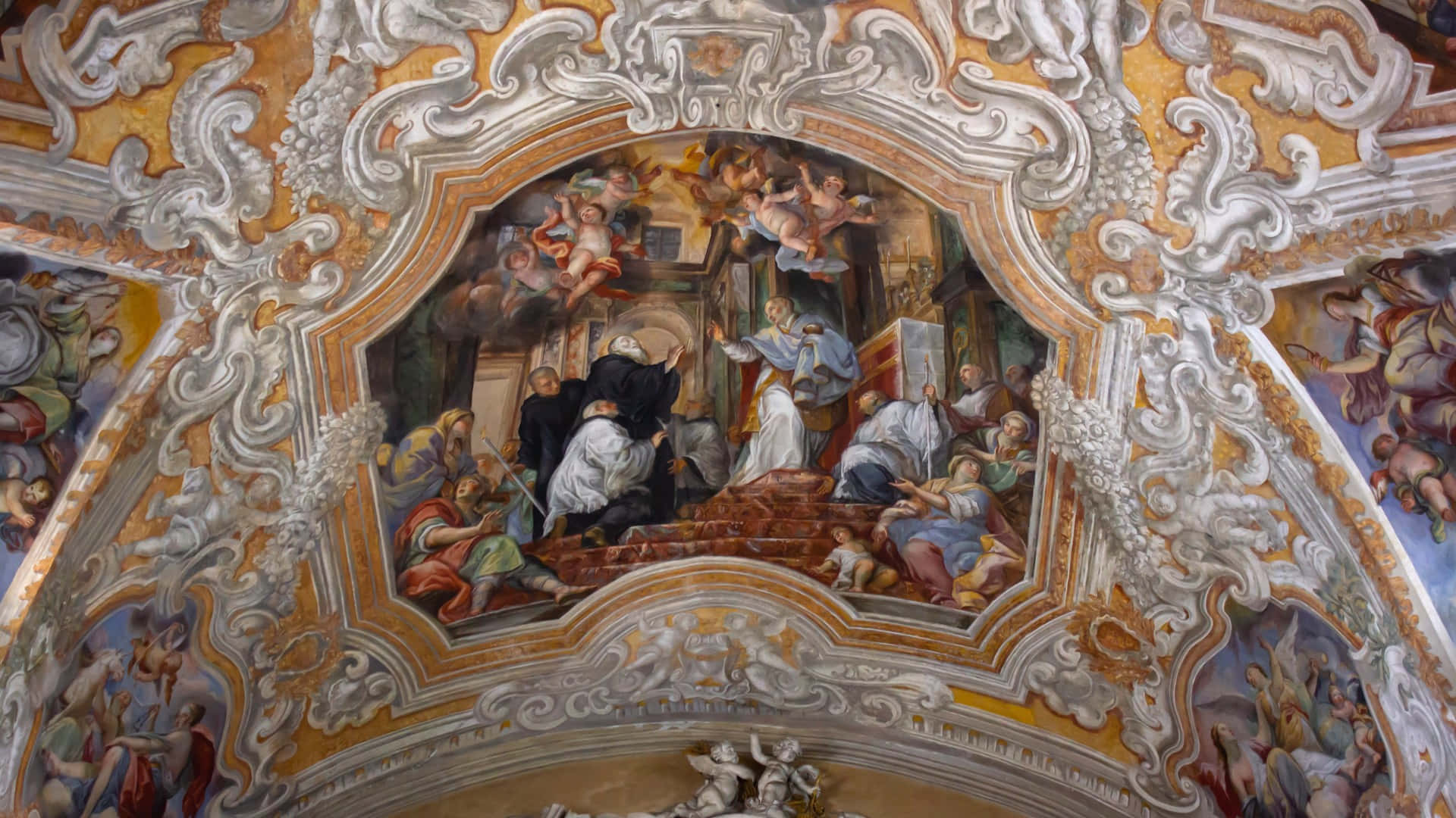 baroque ceiling fresco, religious scene, angels, Full HD Desktop Wallpaper