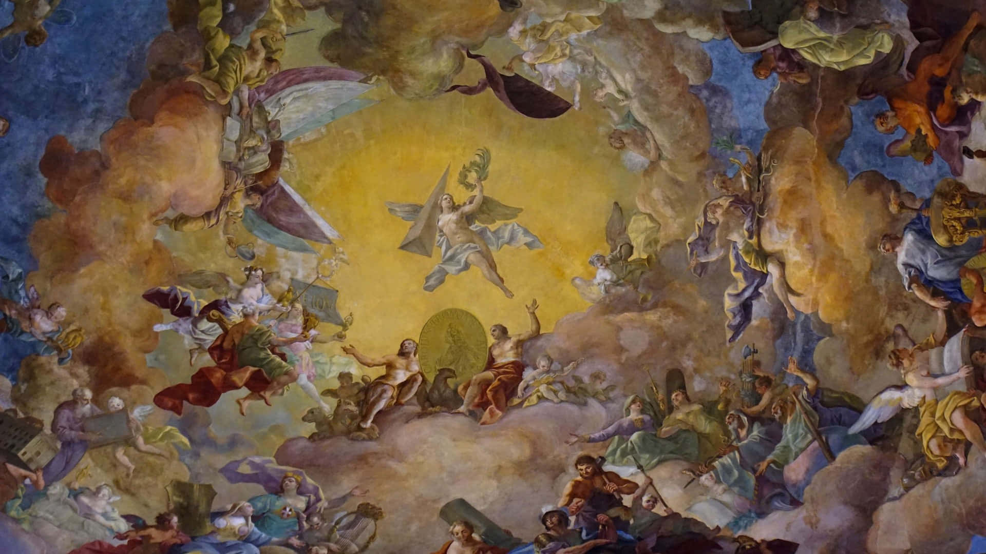 baroque ceiling fresco, mythological figures, radiant central starburst, Full HD Desktop Wallpaper