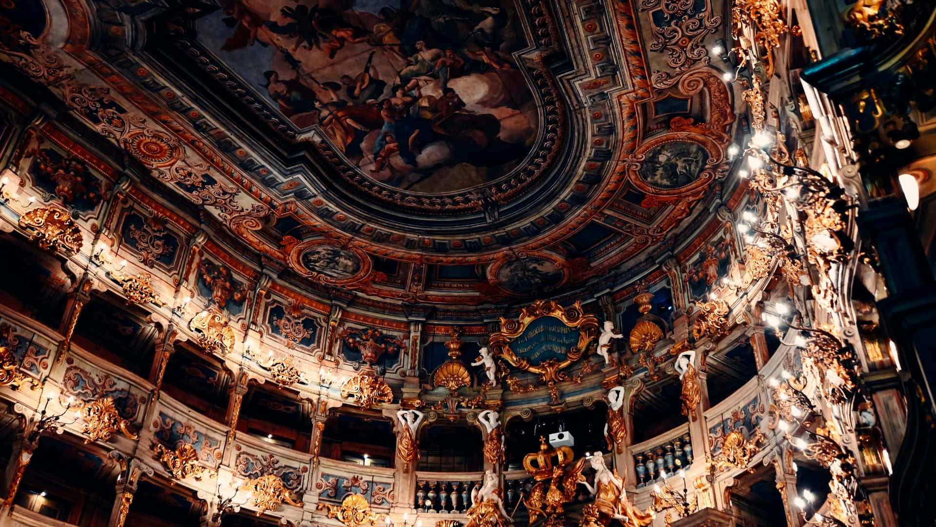 Baroque, theater interior, golden ornate balconies, Full HD Desktop Wallpaper