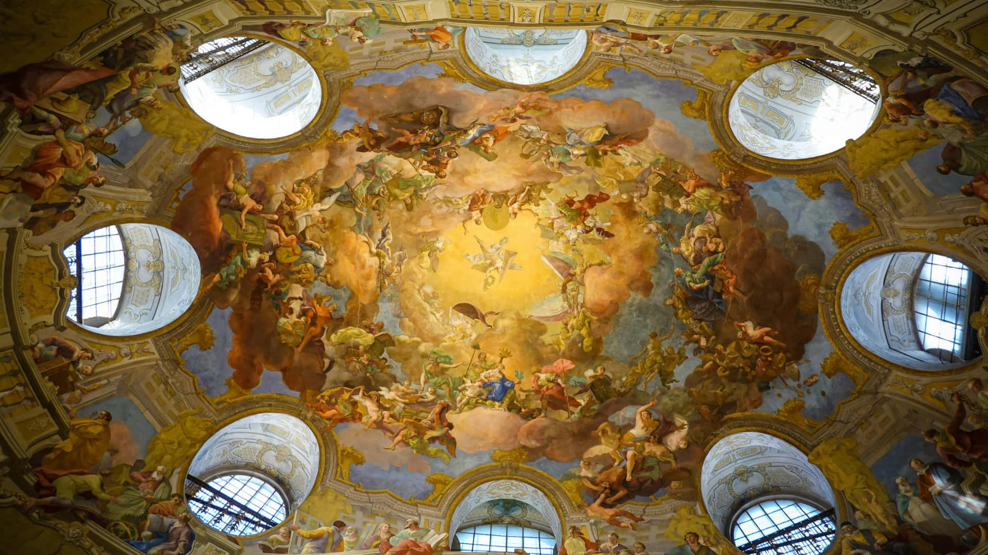 baroque ceiling fresco, swirling mythological figures, gold and ochre tones, Full HD Desktop Wallpaper