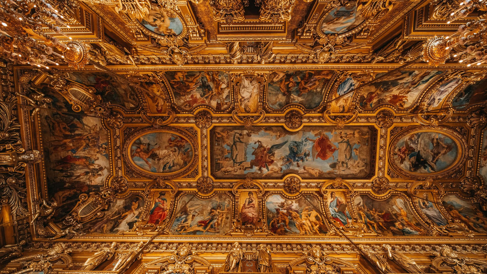 Baroque, ceiling fresco, golden, Full HD Desktop Wallpaper