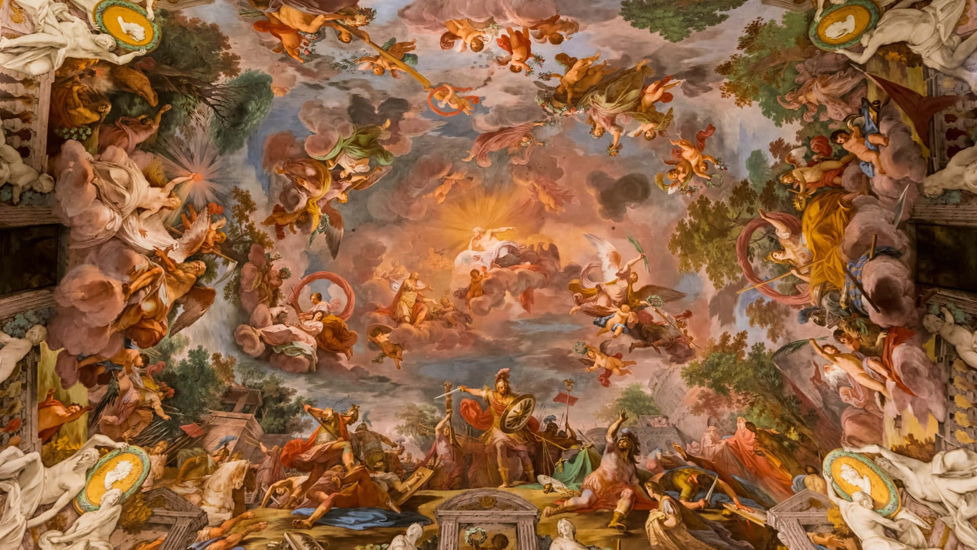 baroque ceiling fresco, divine figures, mythological scenes, Full HD Desktop Wallpaper