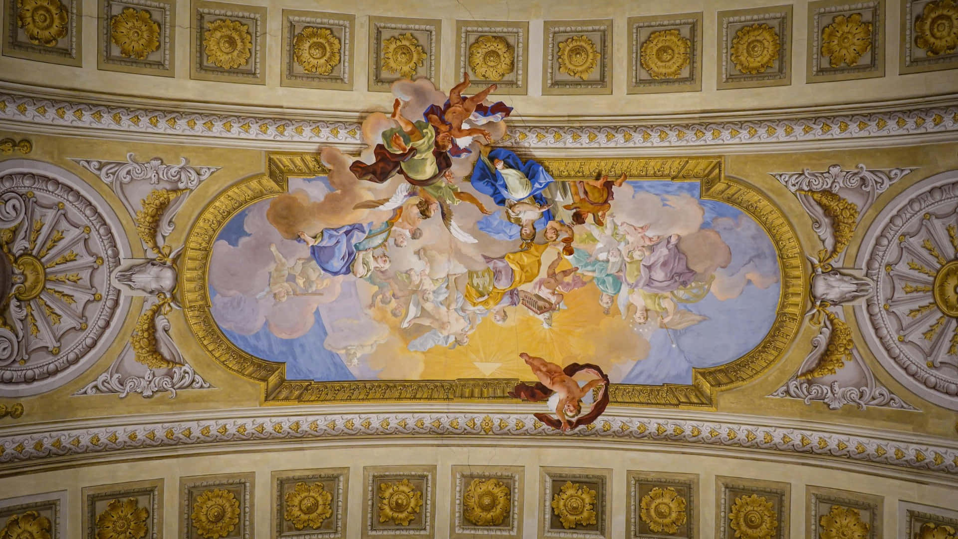 Baroque ceiling fresco, mythological figures, blue sky, Full HD Desktop Wallpaper