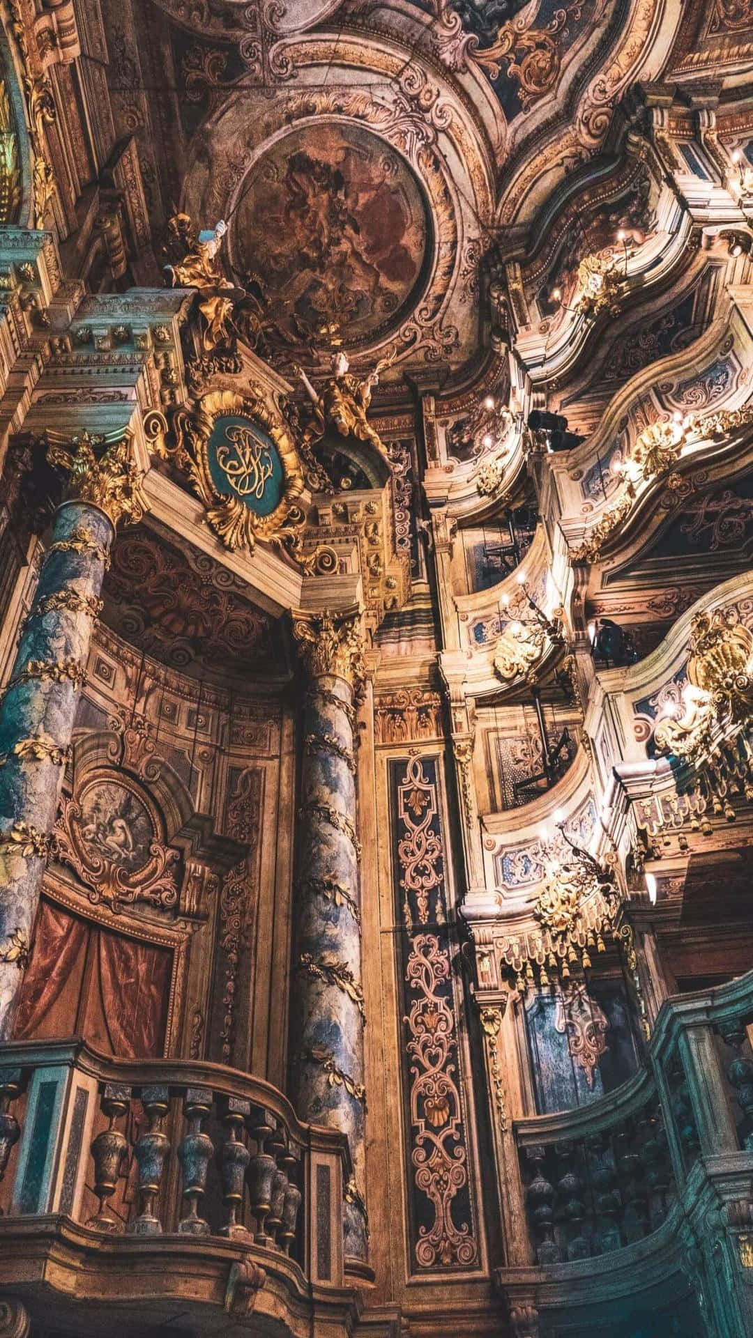 baroque church interior architecture, gilded carvings, frescoes, Full HD Phone Wallpaper