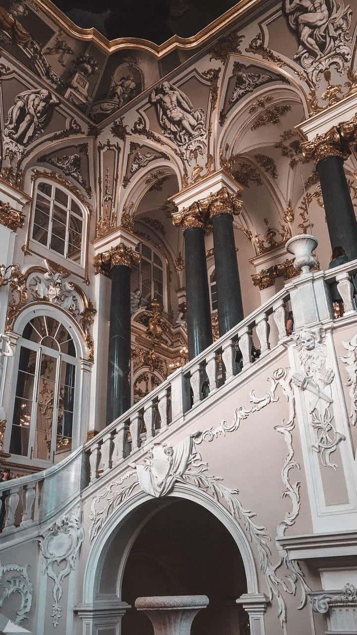 Baroque, grand staircase, ornate white balustrades, HD Phone Wallpaper