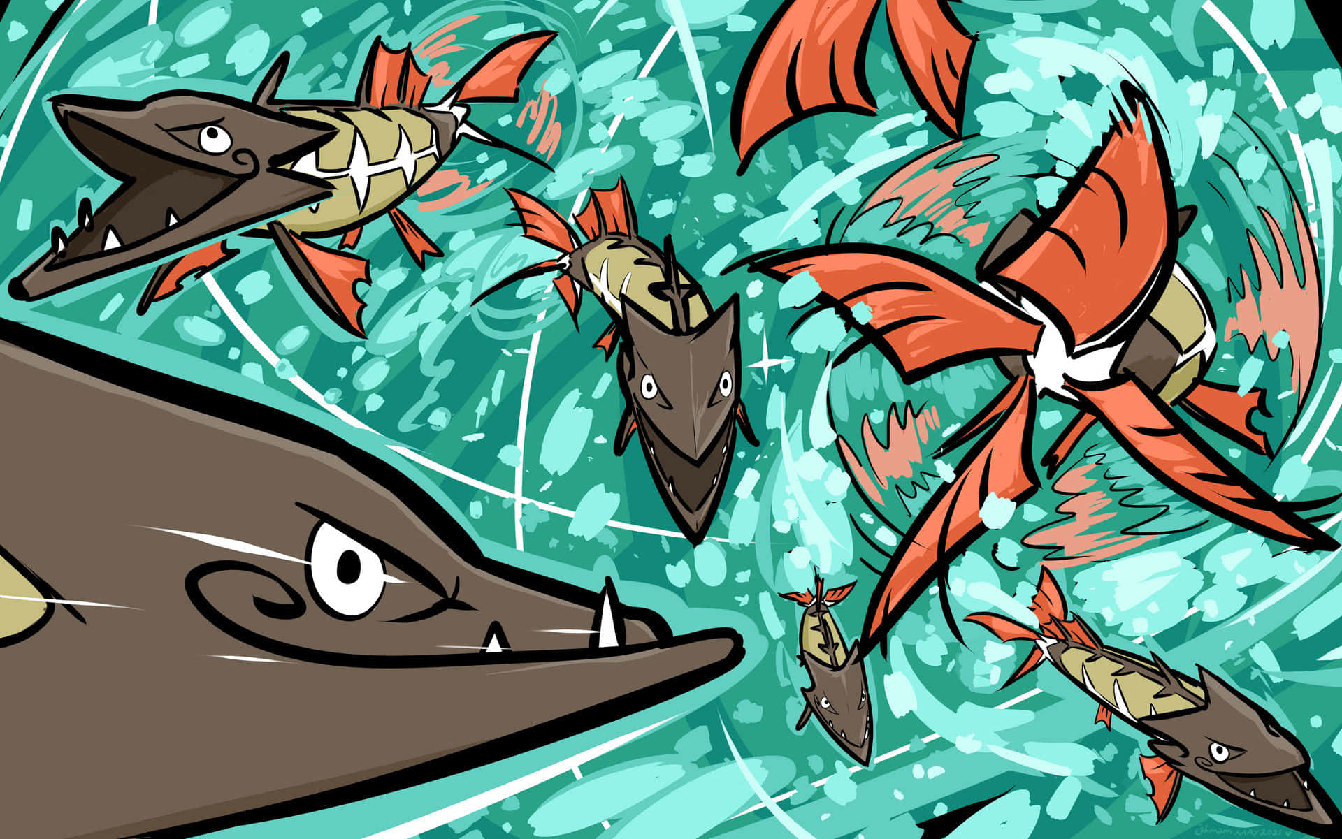Barraskewda, school of Barraskewda, underwater battle scene, Full HD Desktop Wallpaper