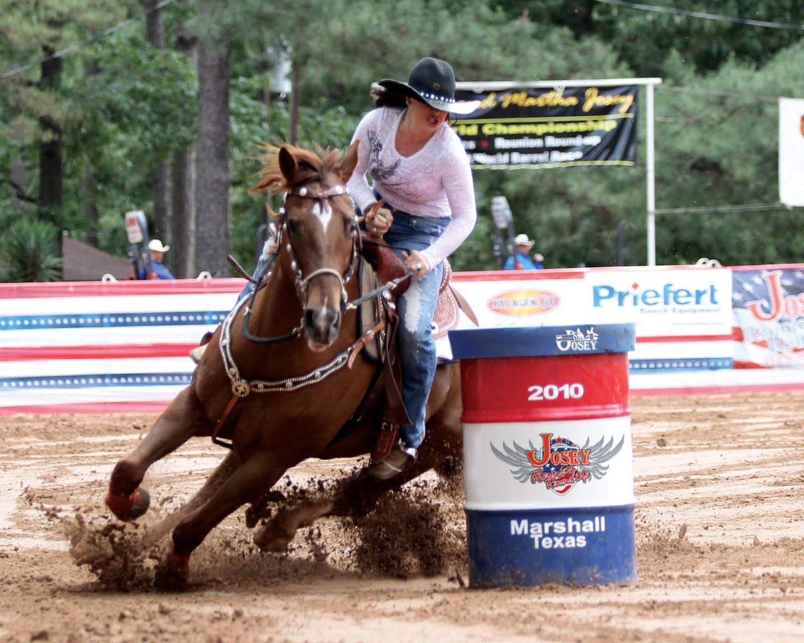 barrel racing event, brown horse, red white and blue barrel, HD Desktop Wallpaper