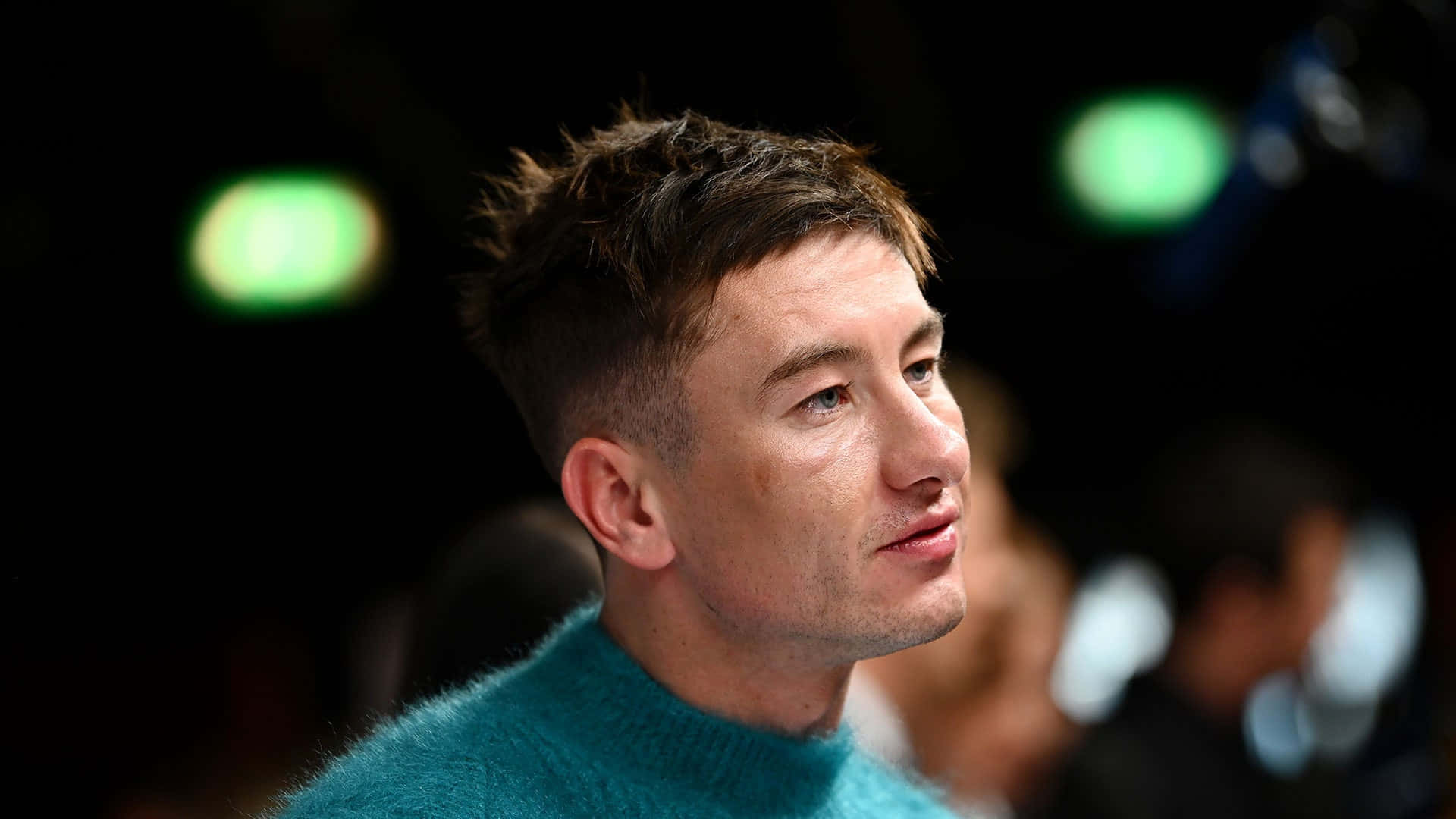Barry Keoghan, teal turtleneck, dark background, Full HD Desktop Wallpaper