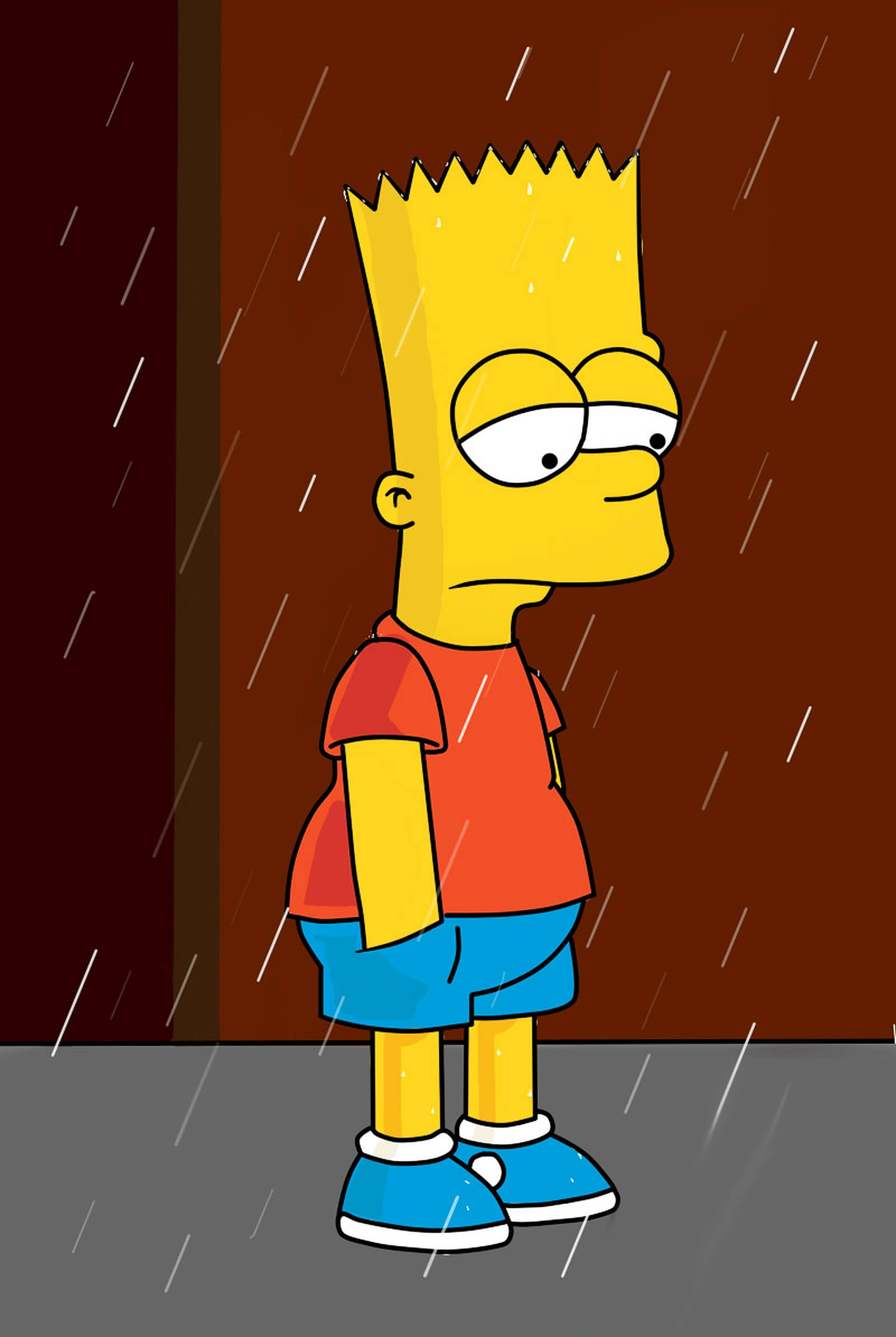 Bart Simpson, raining, dark brown wall, Full HD Phone Wallpaper