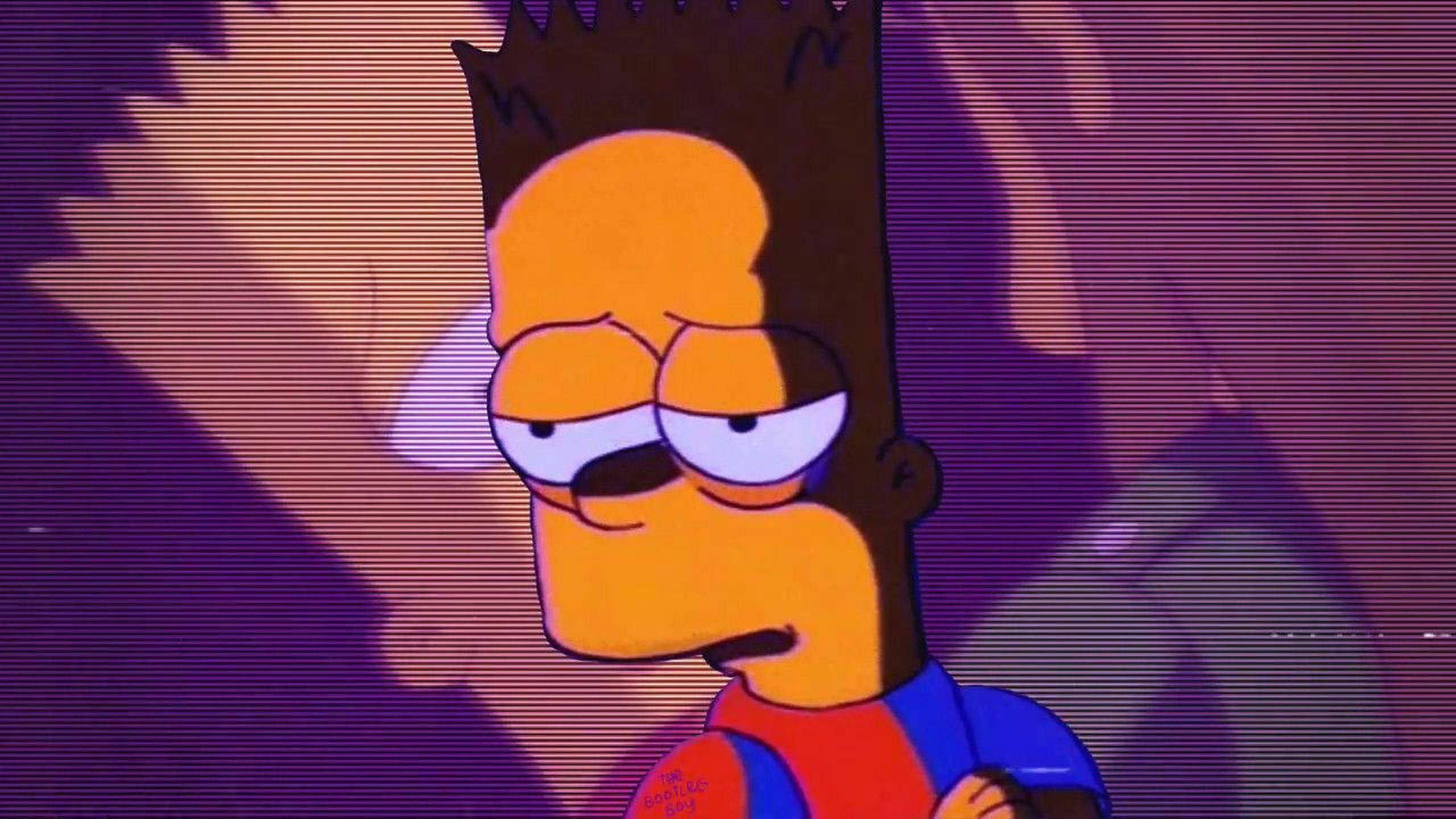Bart Simpson, tired eyes, purple glitchy background, 2K Desktop Wallpaper